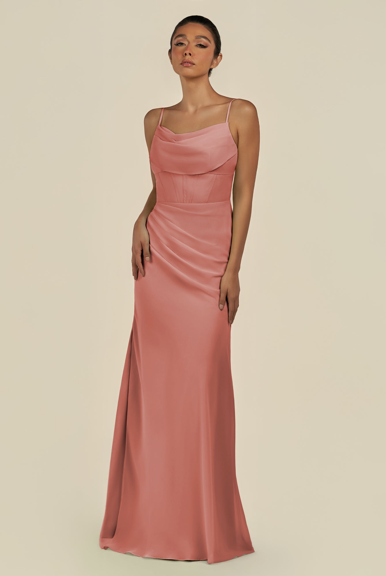 KissDress-Lumira Mulberry Sheath Spaghetti Straps Chiffon Ruched Long Bridesmaid Dress