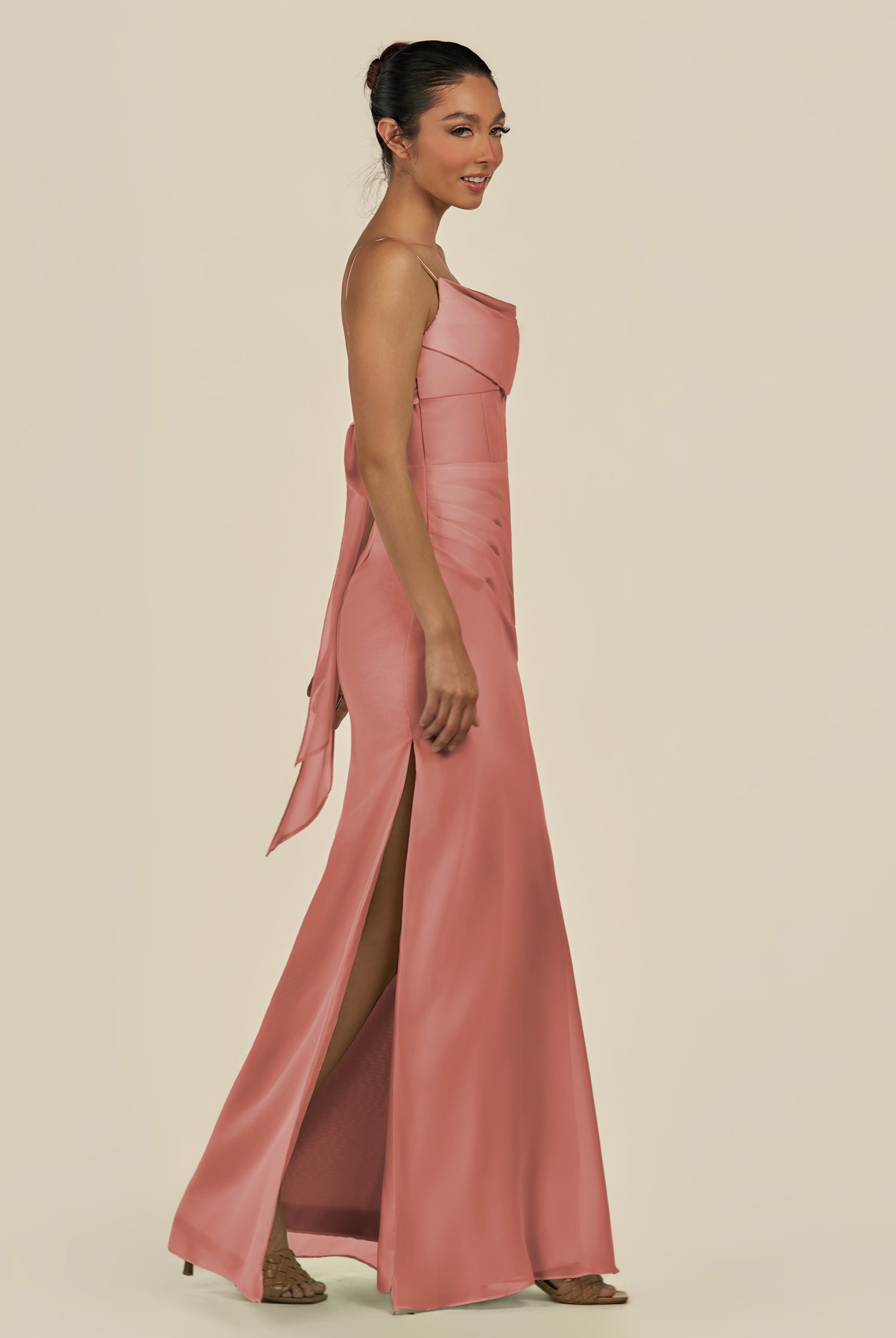 KissDress-Lumira Mulberry Sheath Spaghetti Straps Chiffon Ruched Long Bridesmaid Dress