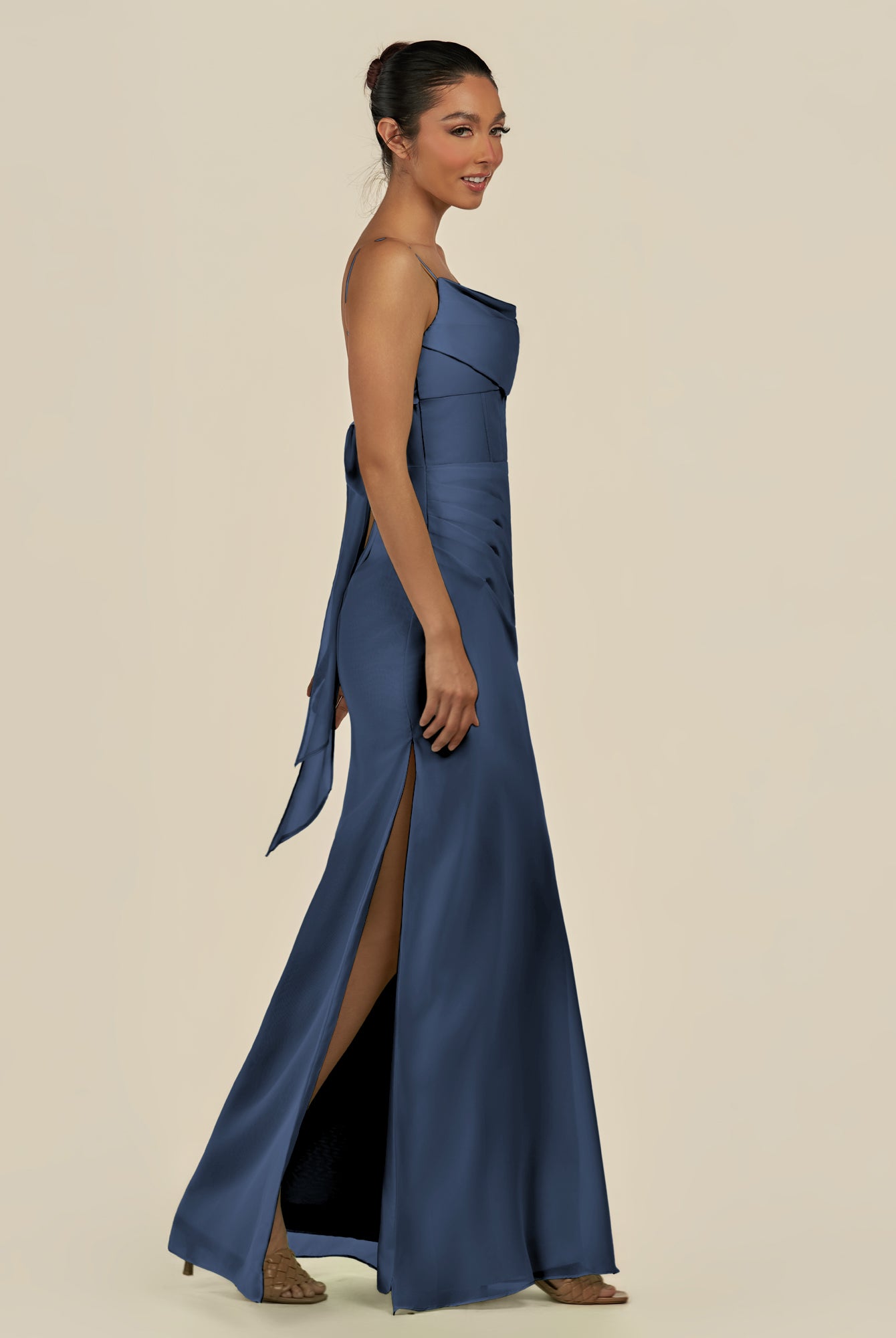KissDress-Lumira Navy Sheath Spaghetti Straps Chiffon Ruched Long Bridesmaid Dress