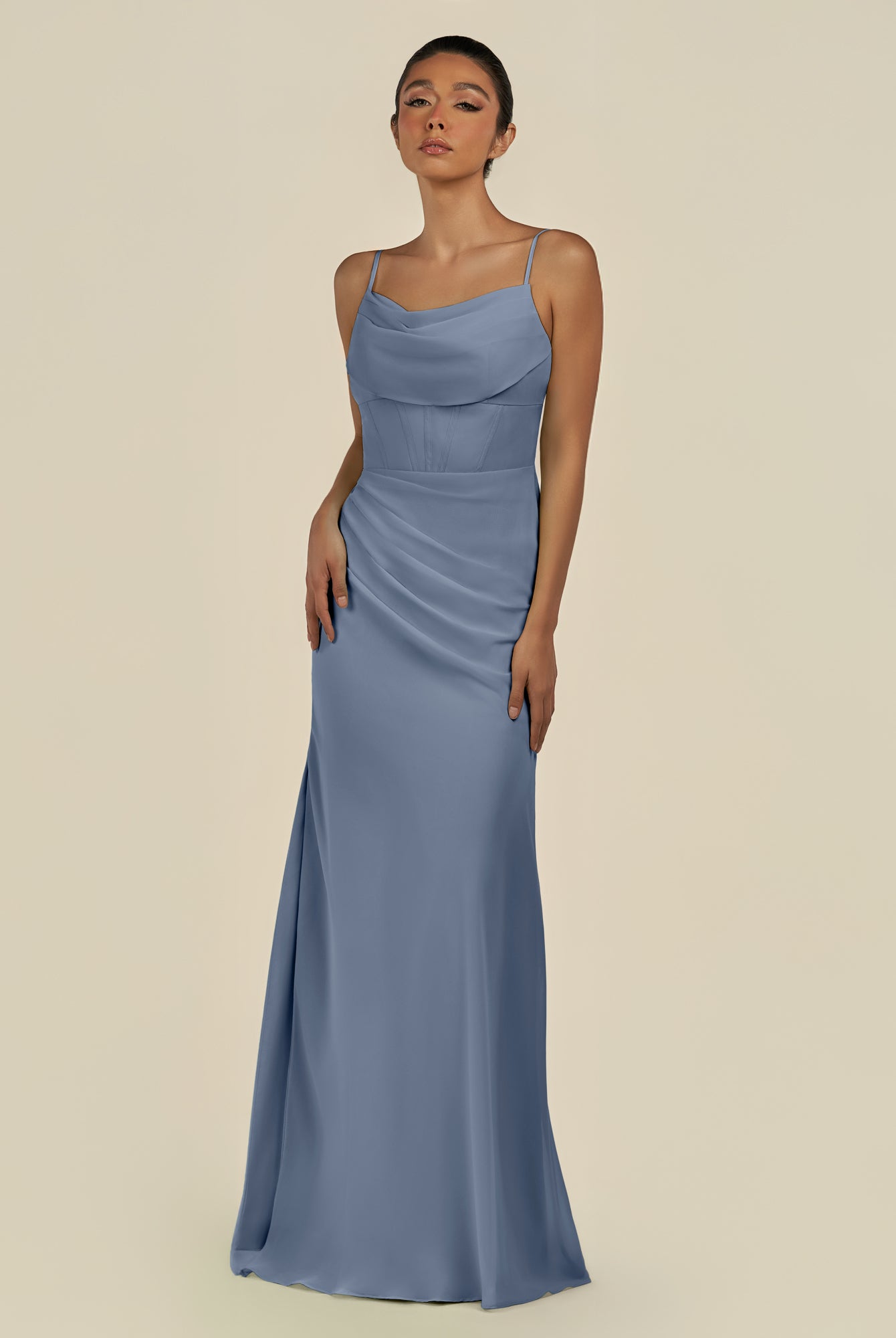 KissDress-Lumira Neptune Sheath Spaghetti Straps Chiffon Ruched Long Bridesmaid Dress