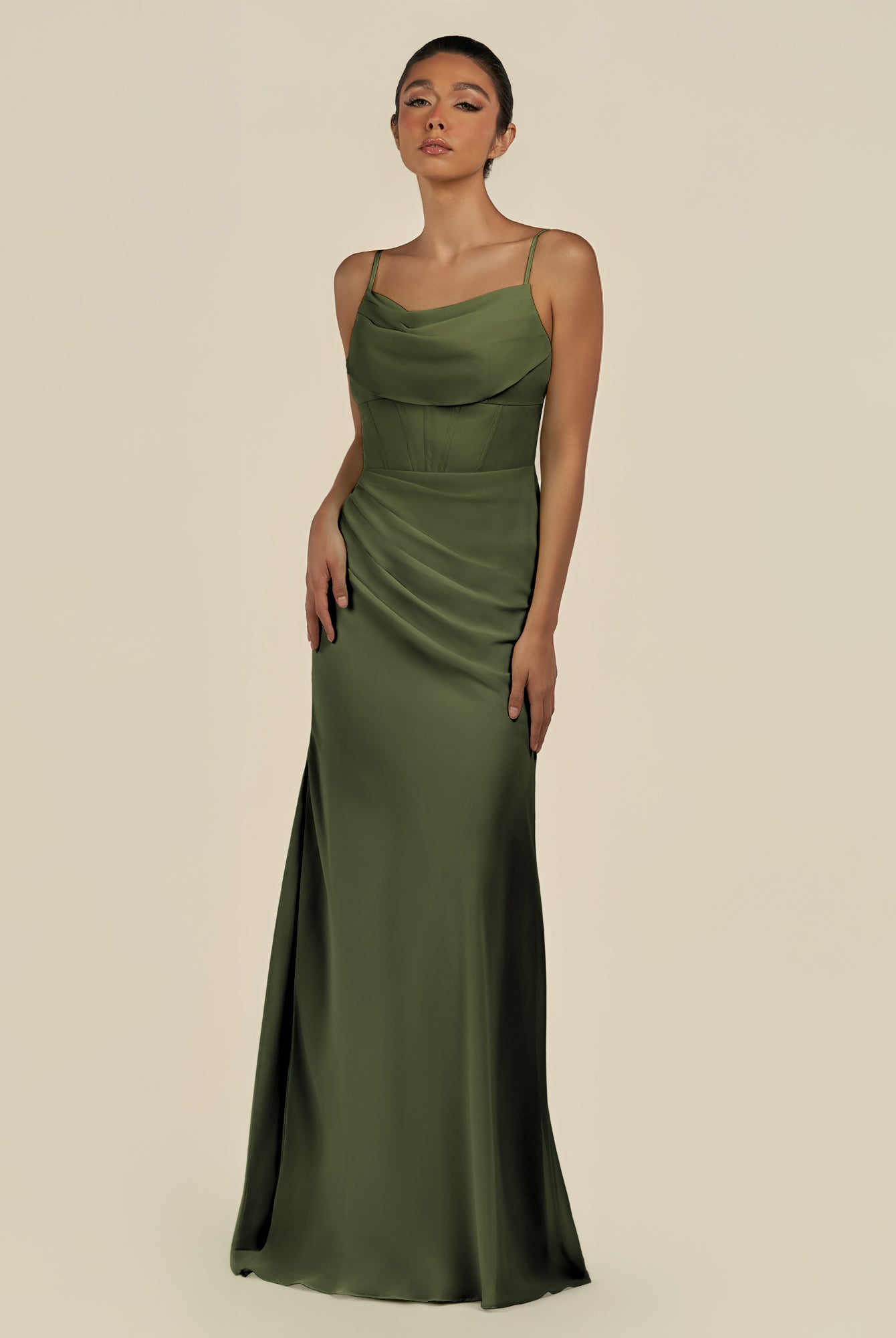 KissDress-Lumira Olive Sheath Spaghetti Straps Chiffon Ruched Long Bridesmaid Dress