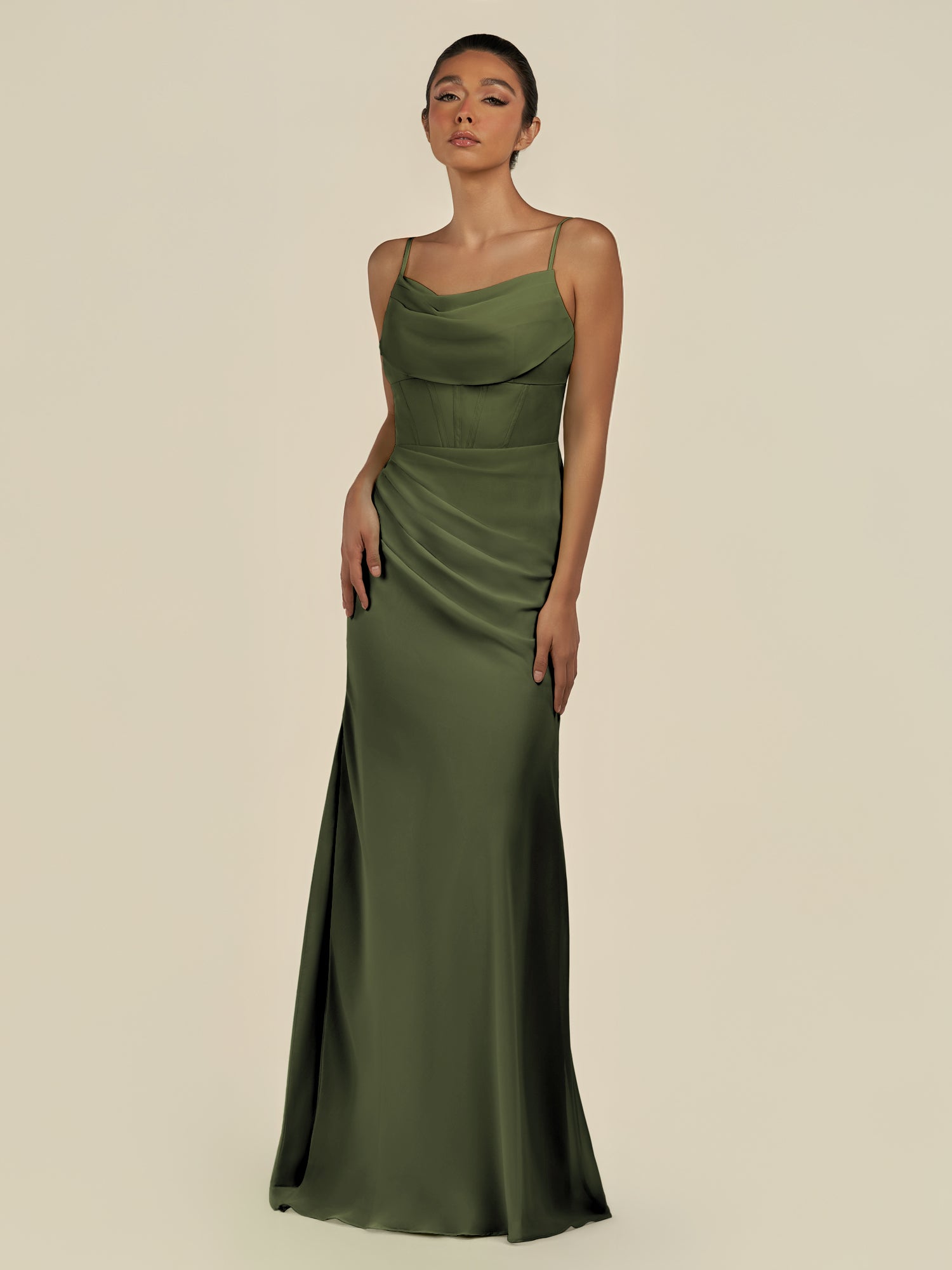 KissDress-Lumira Olive Sheath Spaghetti Straps Chiffon Ruched Long Bridesmaid Dress