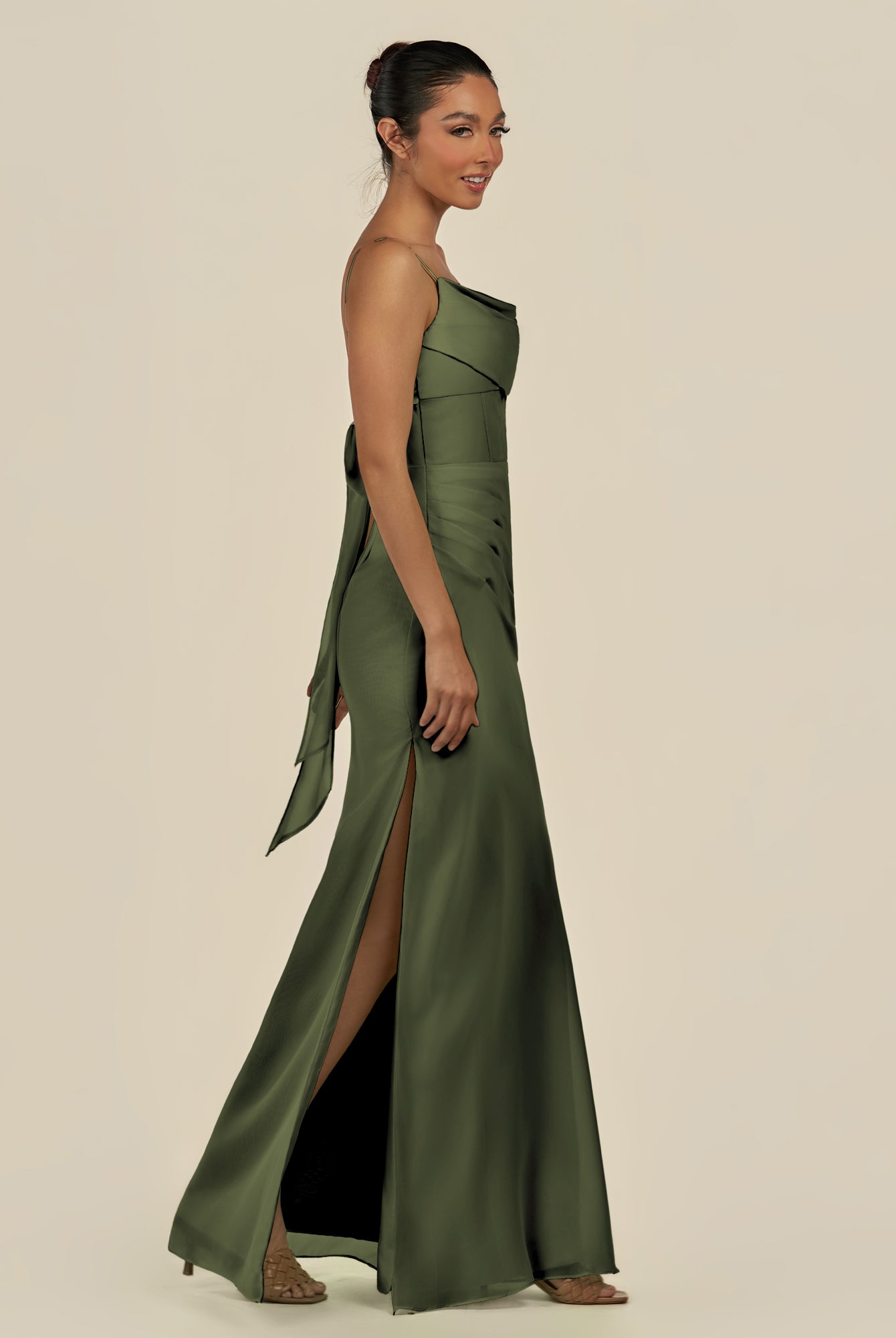 KissDress-Lumira Olive Sheath Spaghetti Straps Chiffon Ruched Long Bridesmaid Dress