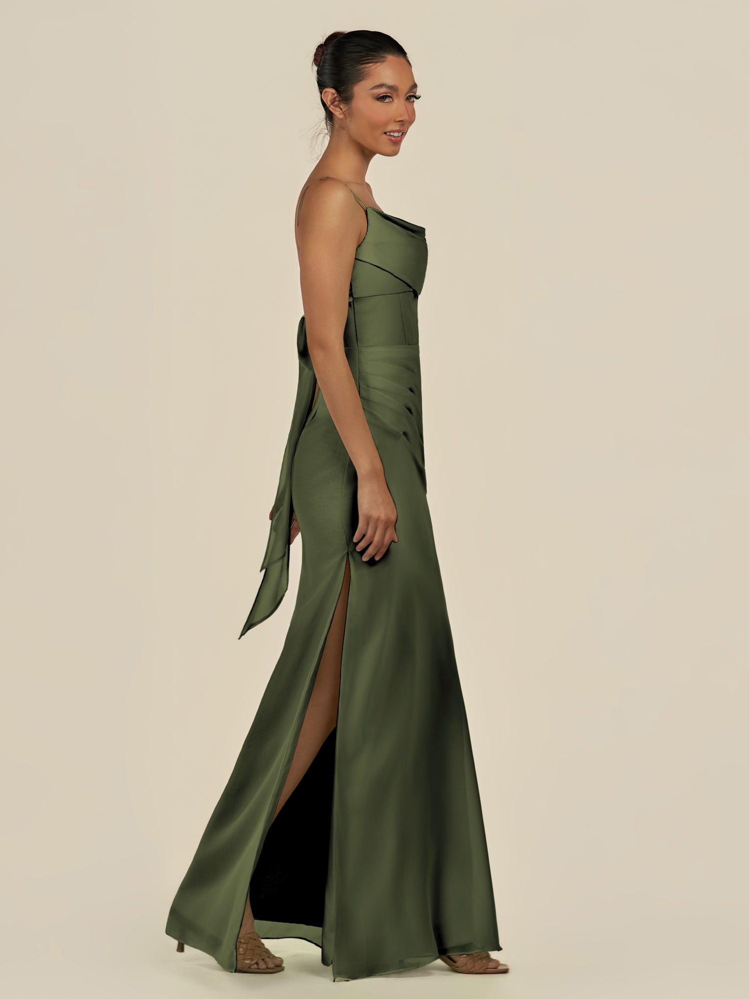 KissDress-Lumira Olive Sheath Spaghetti Straps Chiffon Ruched Long Bridesmaid Dress