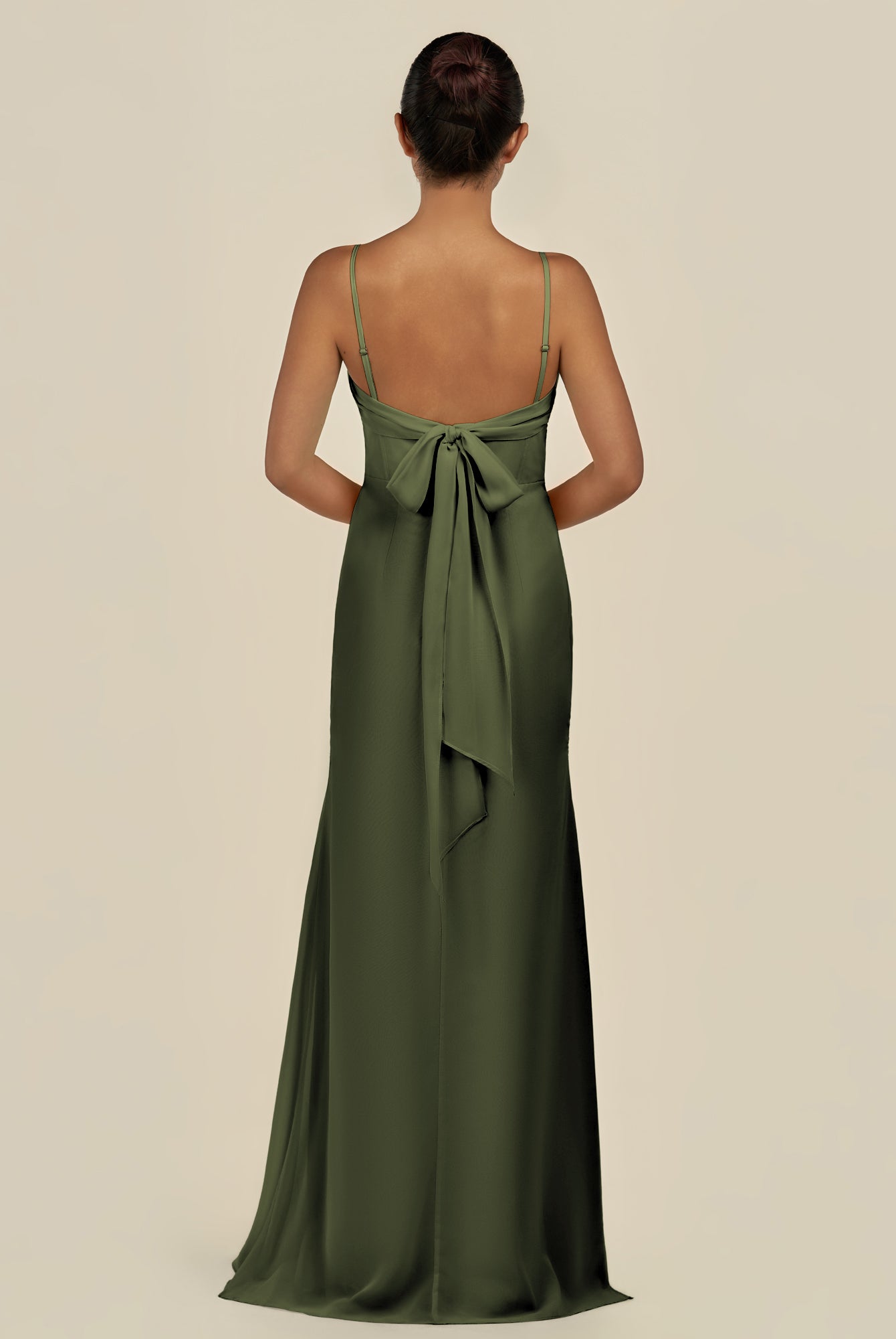 KissDress-Lumira Olive Sheath Spaghetti Straps Chiffon Ruched Long Bridesmaid Dress