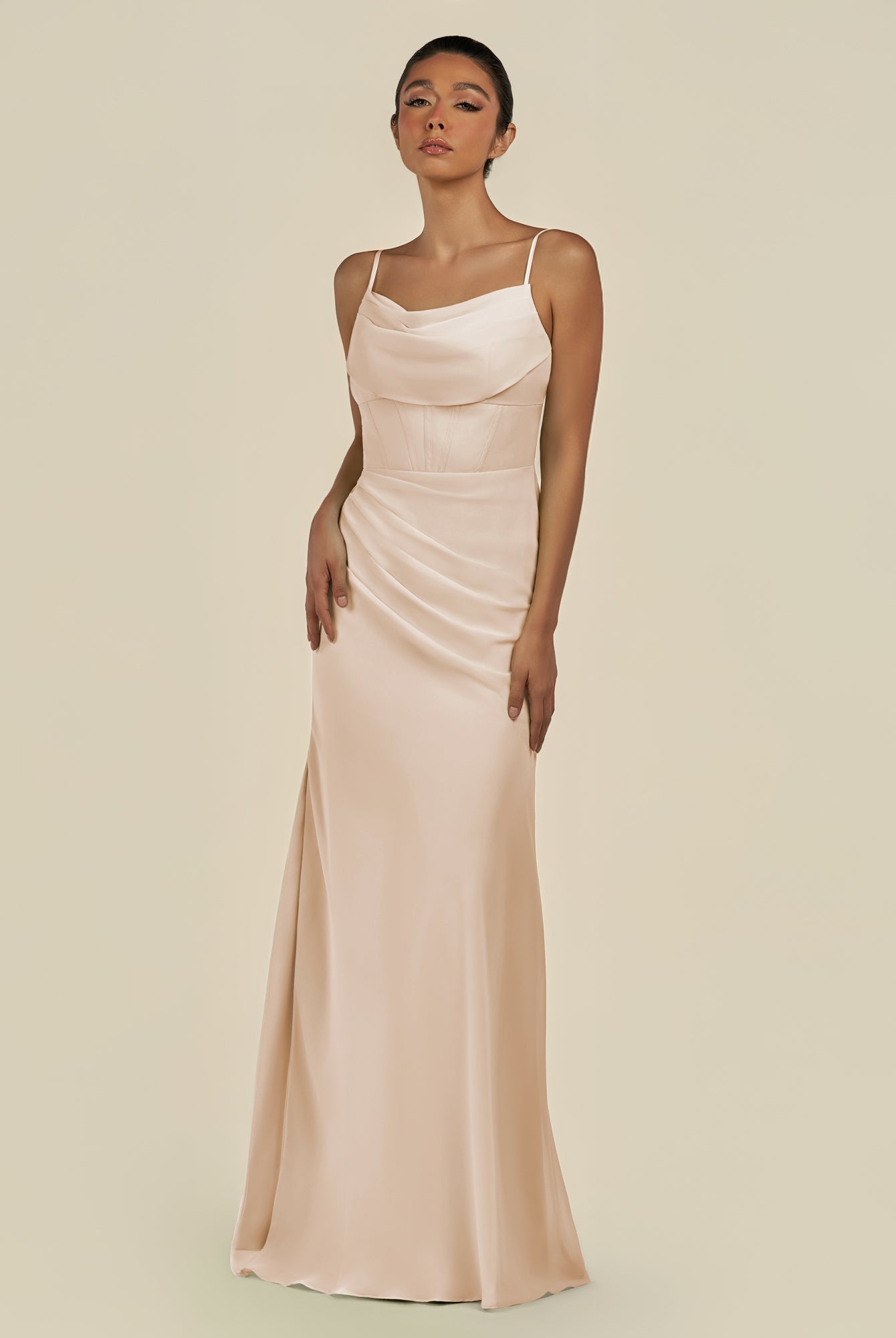 KissDress-Lumira Pale Blush Sheath Spaghetti Straps Chiffon Ruched Long Bridesmaid Dress