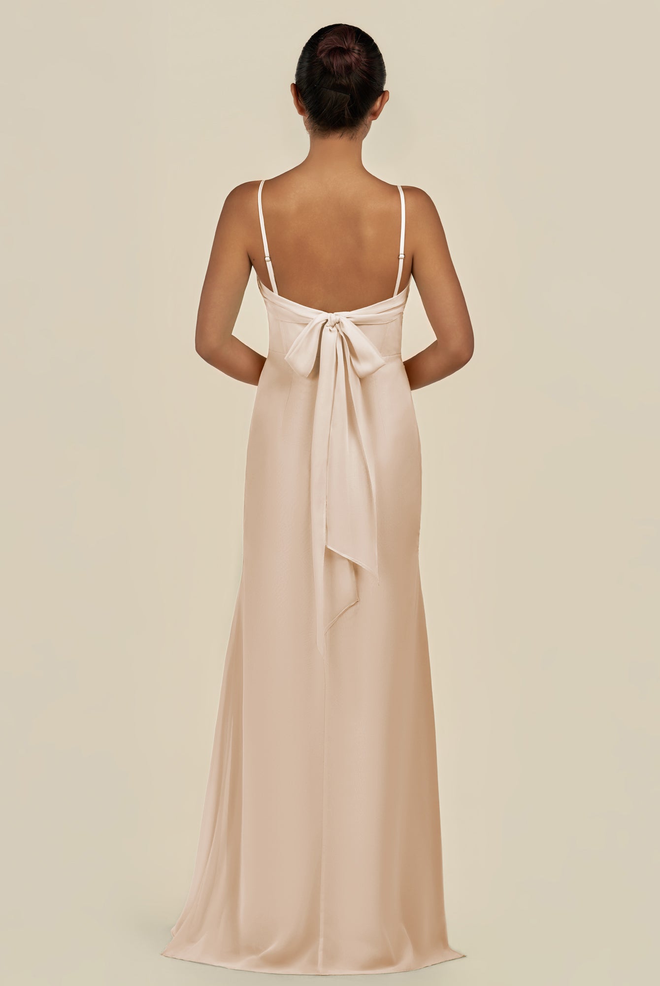 KissDress-Lumira Pale Blush Sheath Spaghetti Straps Chiffon Ruched Long Bridesmaid Dress