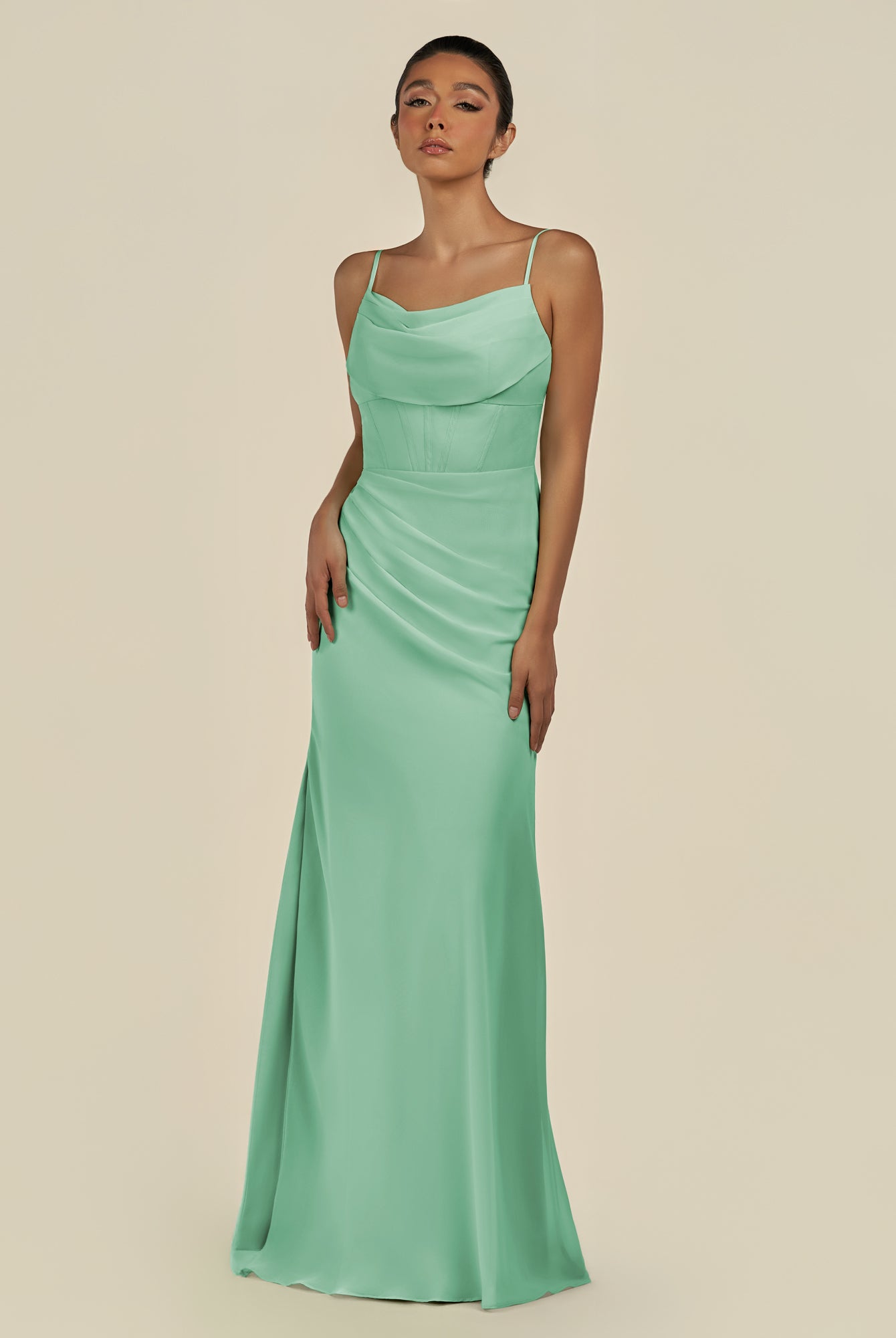 KissDress-Lumira Pale Pistachio Sheath Spaghetti Straps Chiffon Ruched Long Bridesmaid Dress
