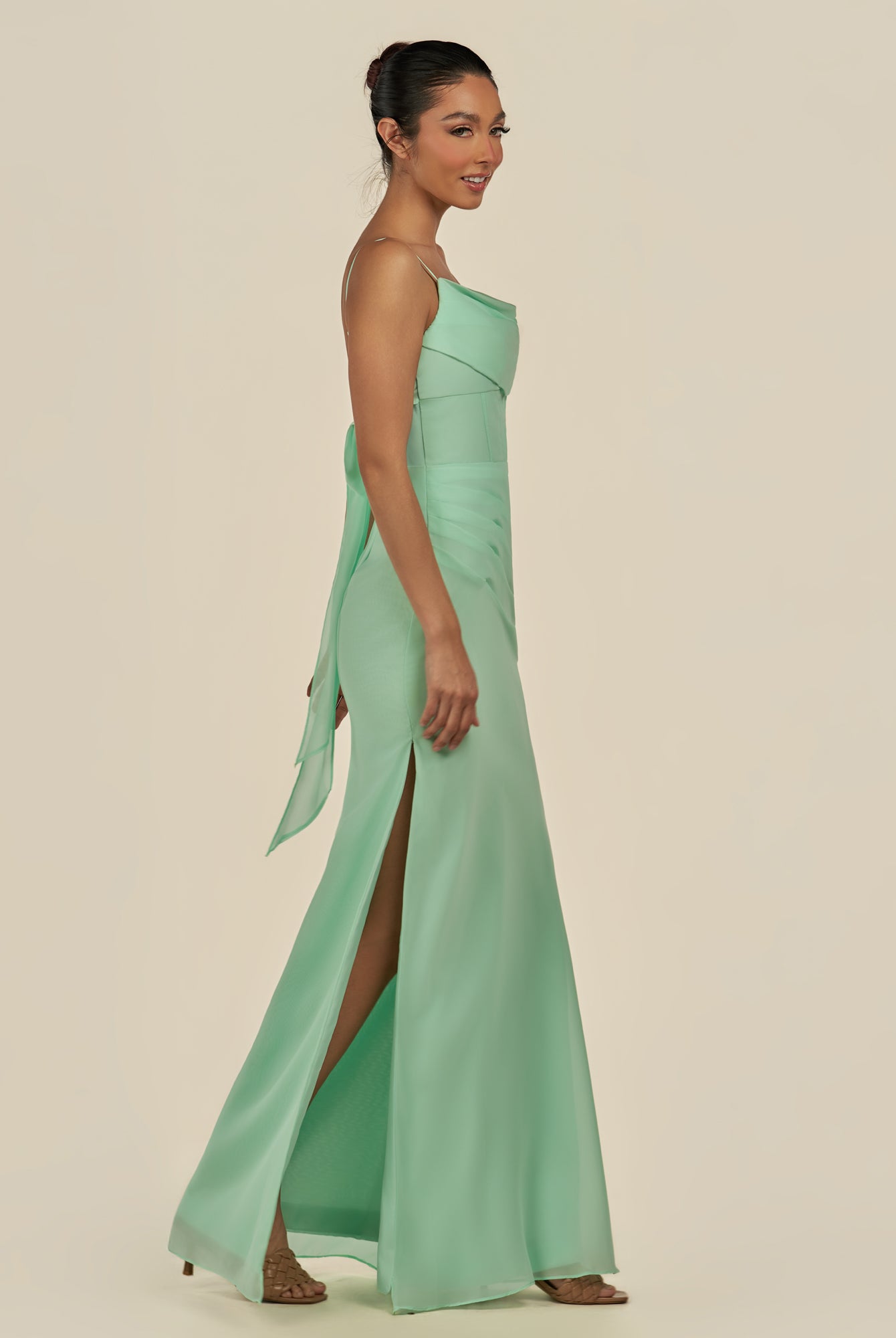 KissDress-Lumira Pale Pistachio Sheath Spaghetti Straps Chiffon Ruched Long Bridesmaid Dress