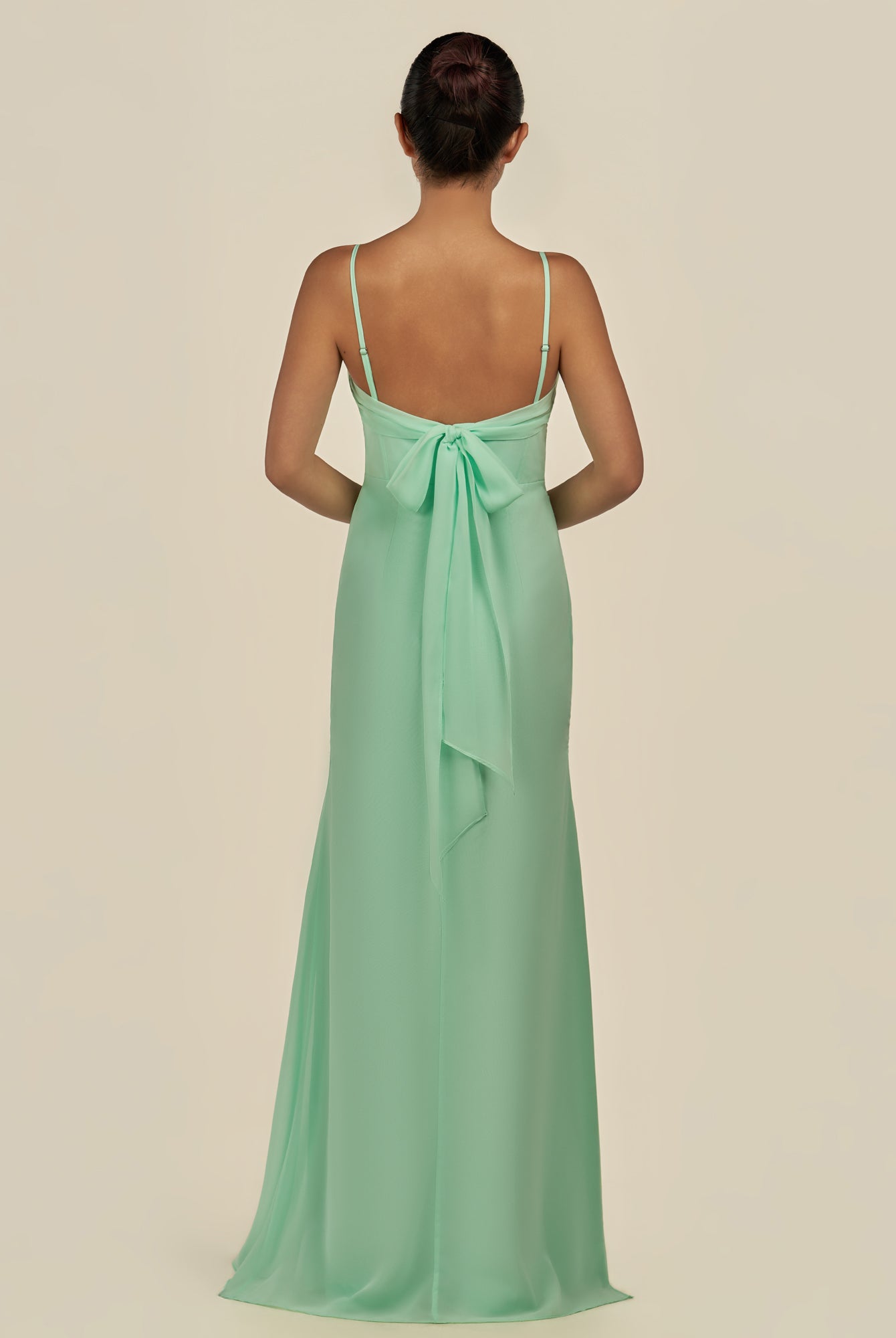 KissDress-Lumira Pale Pistachio Sheath Spaghetti Straps Chiffon Ruched Long Bridesmaid Dress