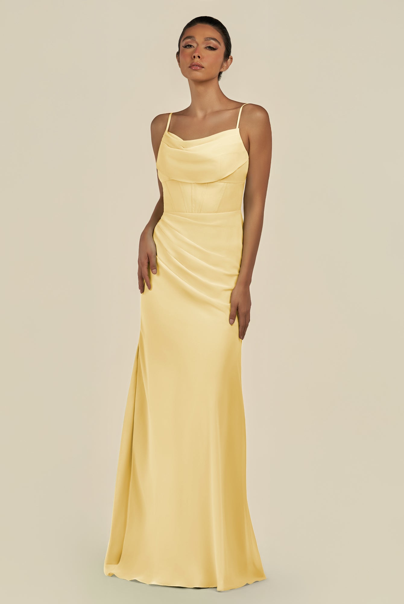 KissDress-Lumira Pastel Yellow Sheath Spaghetti Straps Chiffon Ruched Long Bridesmaid Dress