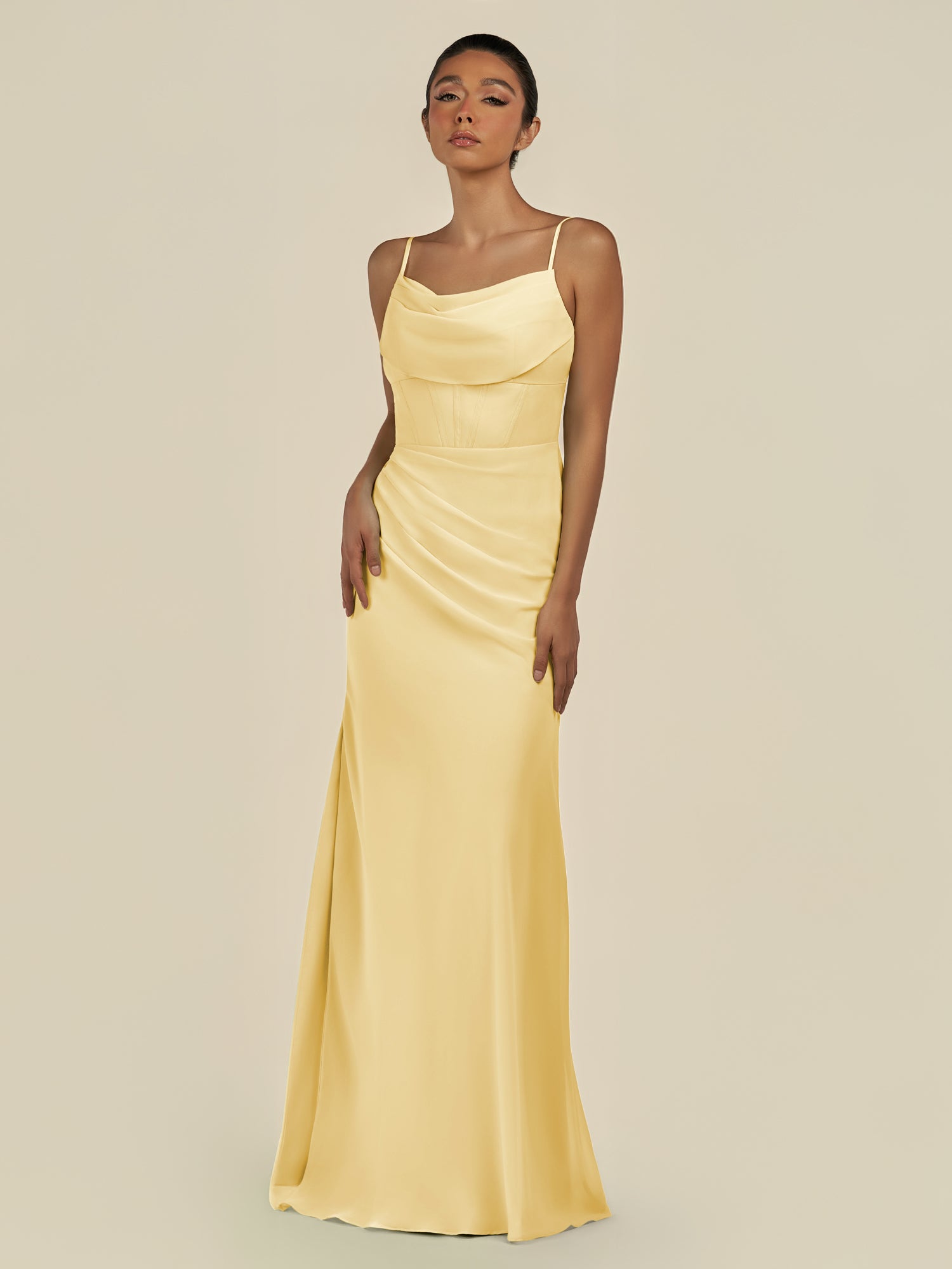 KissDress-Lumira Pastel Yellow Sheath Spaghetti Straps Chiffon Ruched Long Bridesmaid Dress