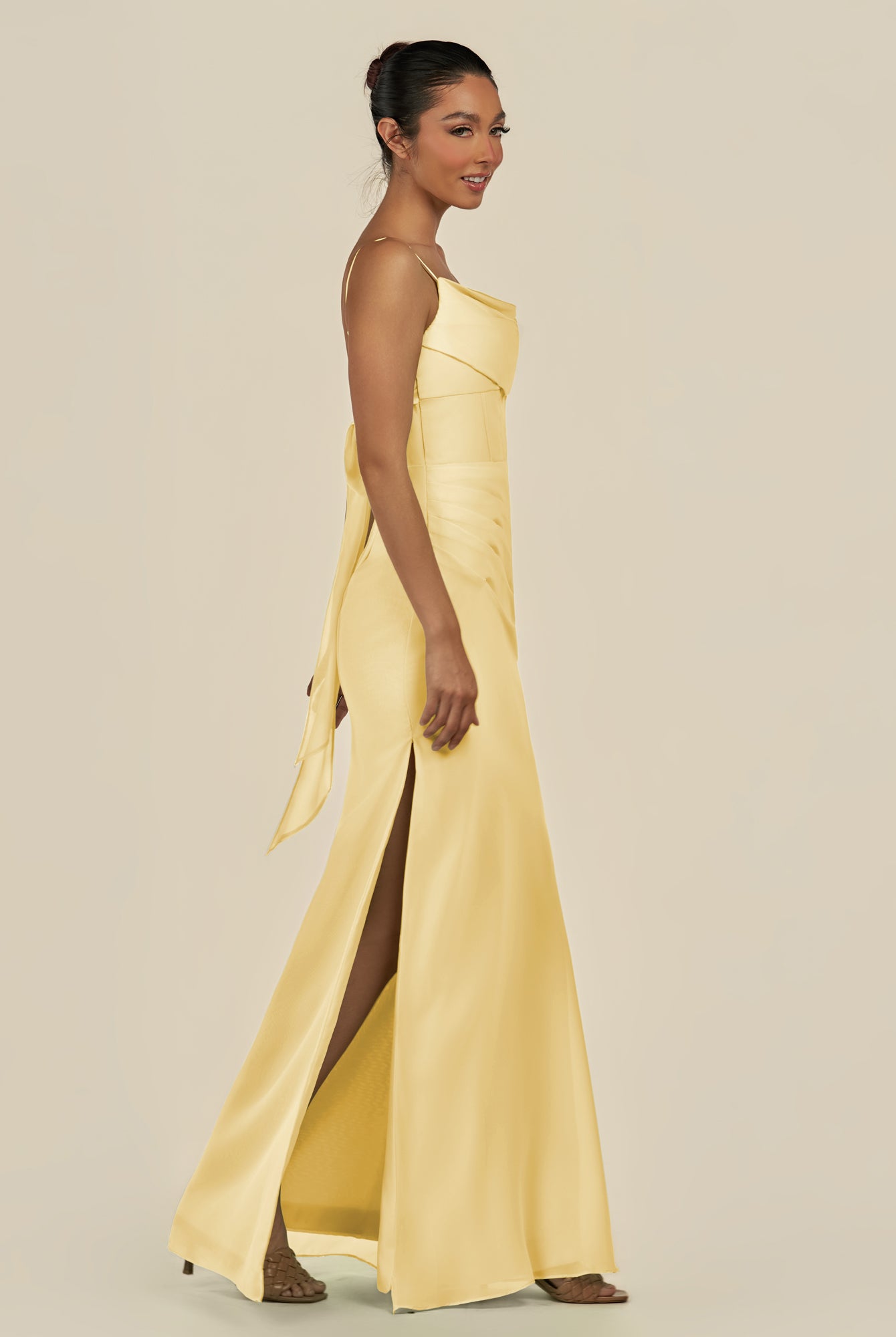 KissDress-Lumira Pastel Yellow Sheath Spaghetti Straps Chiffon Ruched Long Bridesmaid Dress