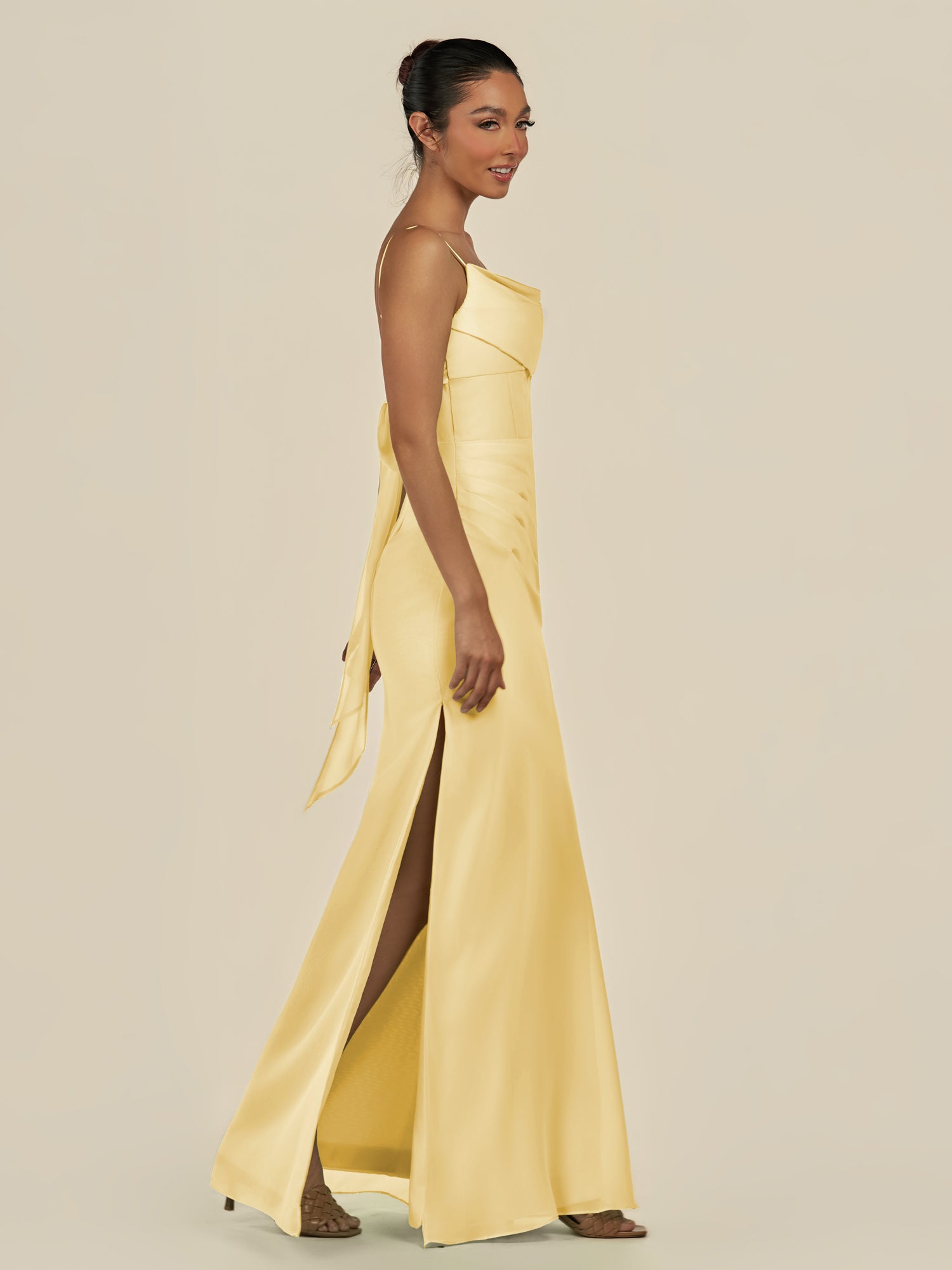 KissDress-Lumira Pastel Yellow Sheath Spaghetti Straps Chiffon Ruched Long Bridesmaid Dress