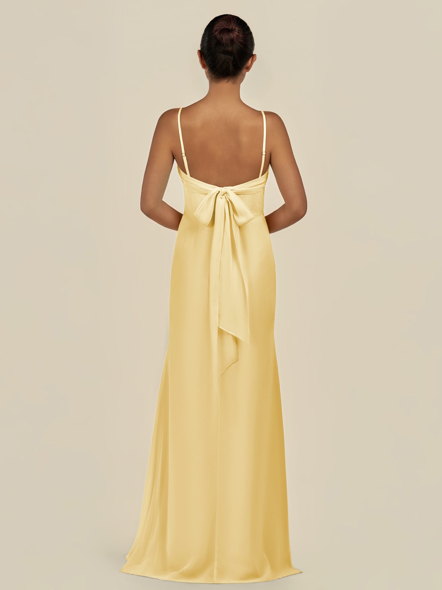 KissDress-Lumira Pastel Yellow Sheath Spaghetti Straps Chiffon Ruched Long Bridesmaid Dress