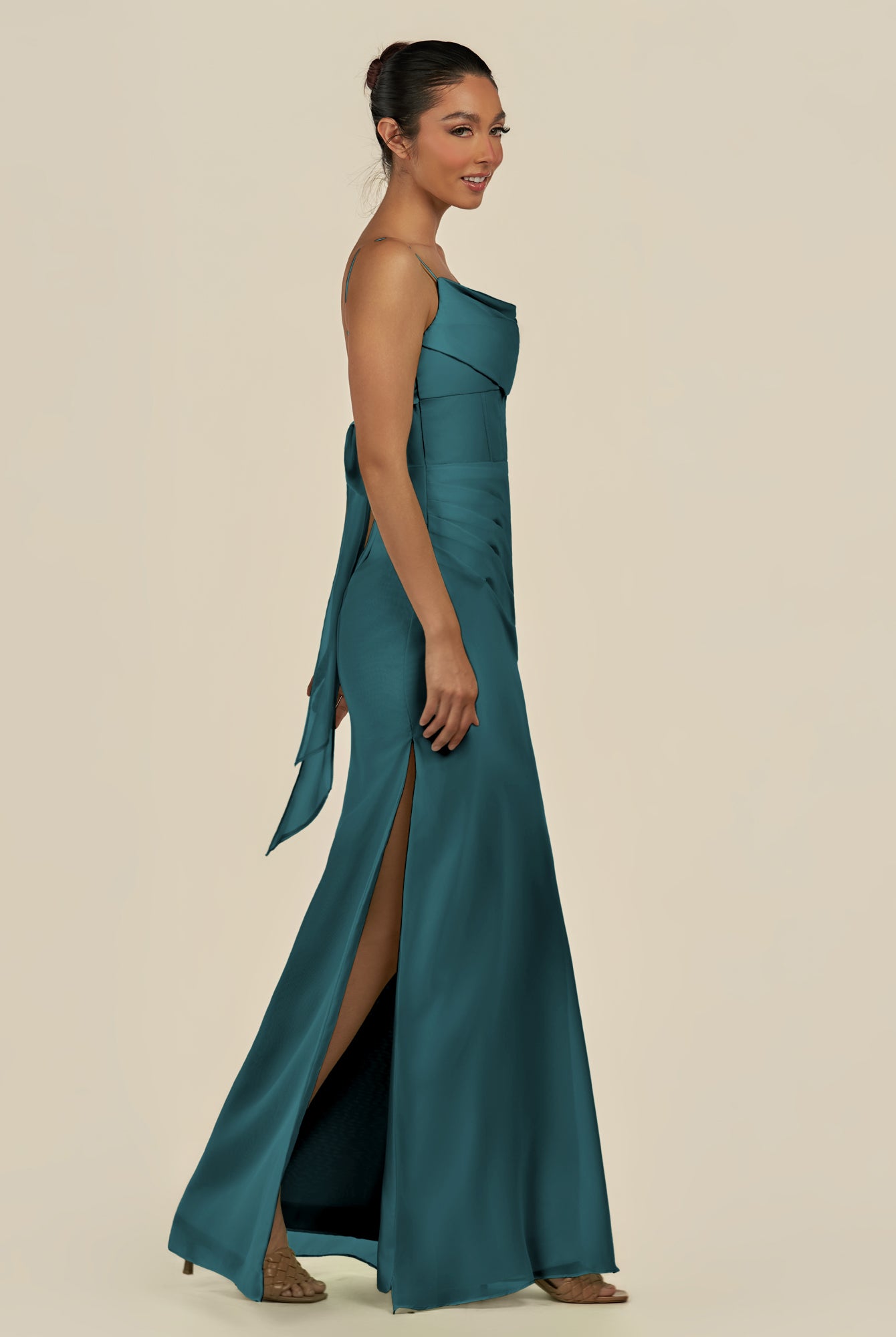 KissDress-Lumira Pine Sheath Spaghetti Straps Chiffon Ruched Long Bridesmaid Dress
