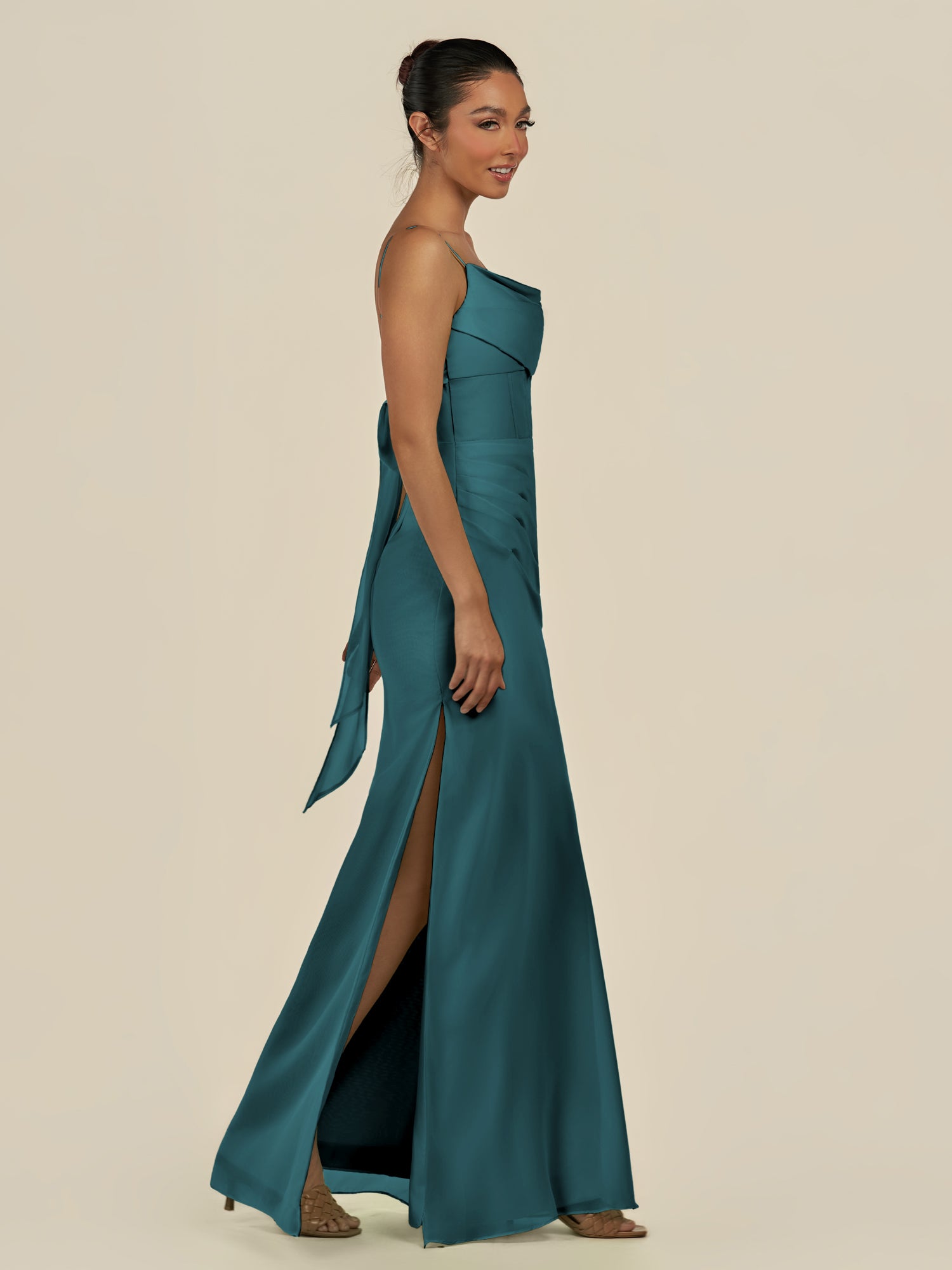 KissDress-Lumira Pine Sheath Spaghetti Straps Chiffon Ruched Long Bridesmaid Dress