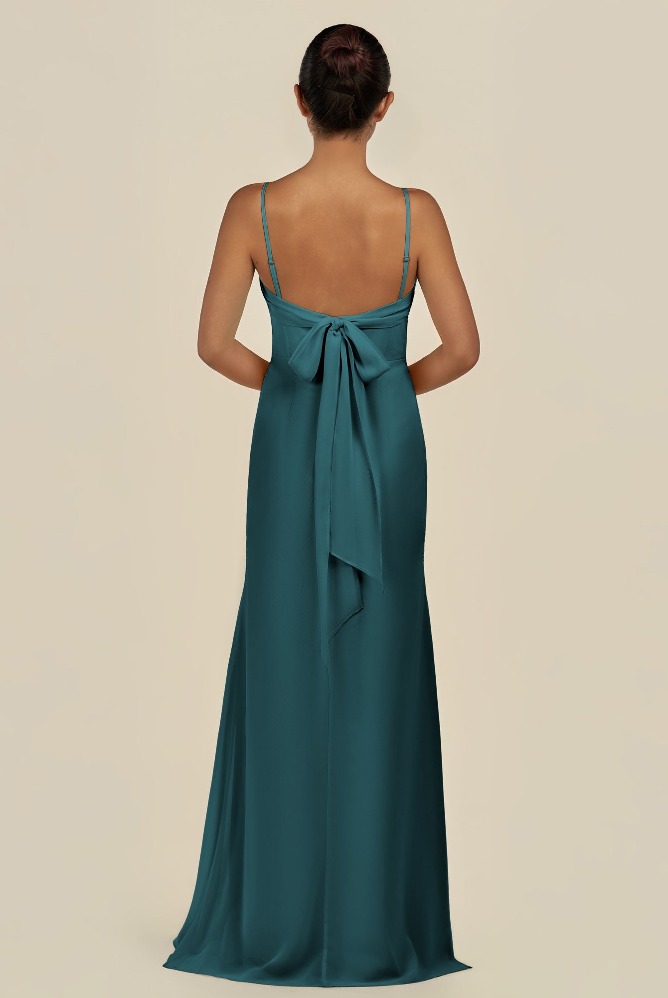 KissDress-Lumira Pine Sheath Spaghetti Straps Chiffon Ruched Long Bridesmaid Dress