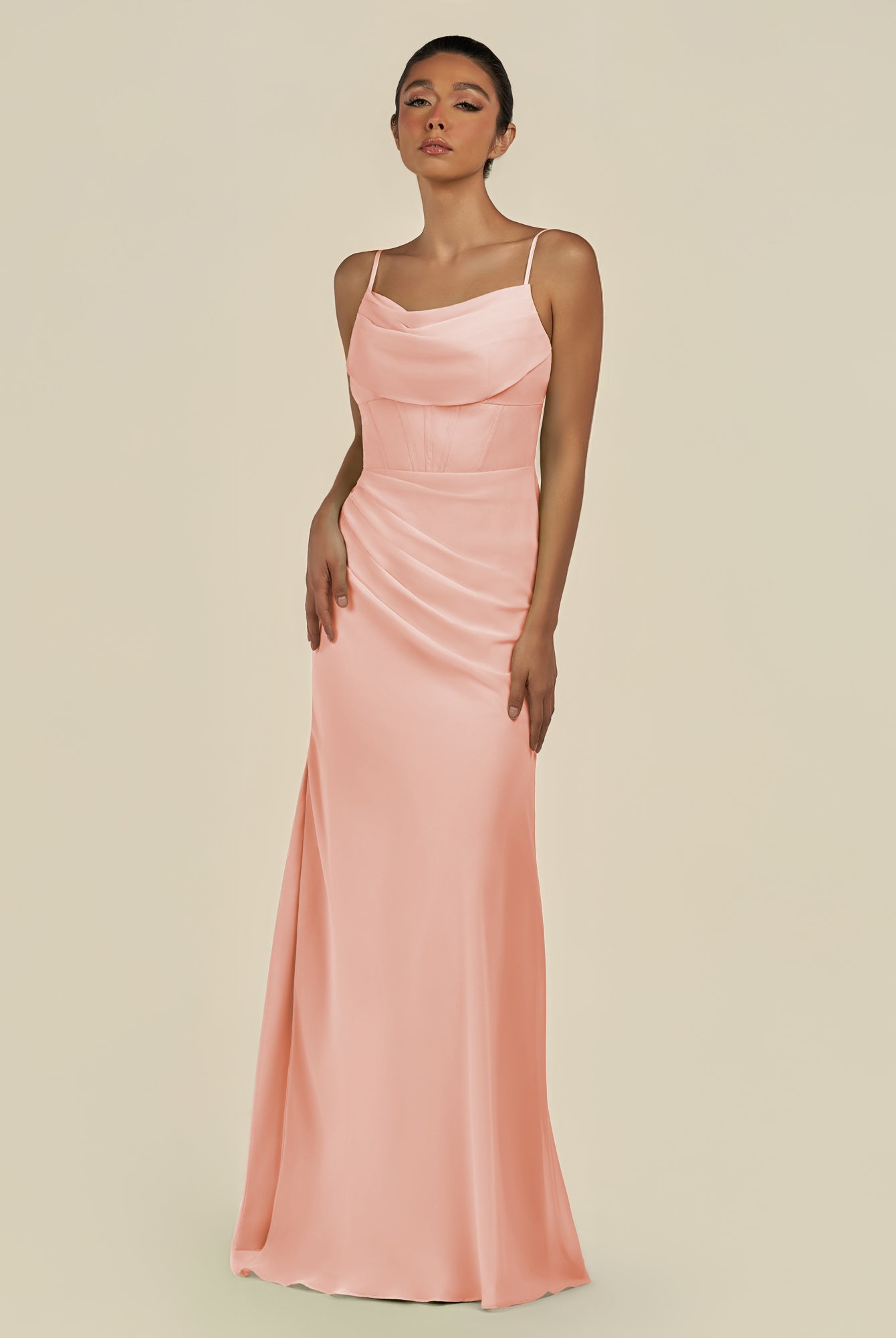 KissDress-Lumira Rose Petal Sheath Spaghetti Straps Chiffon Ruched Long Bridesmaid Dress