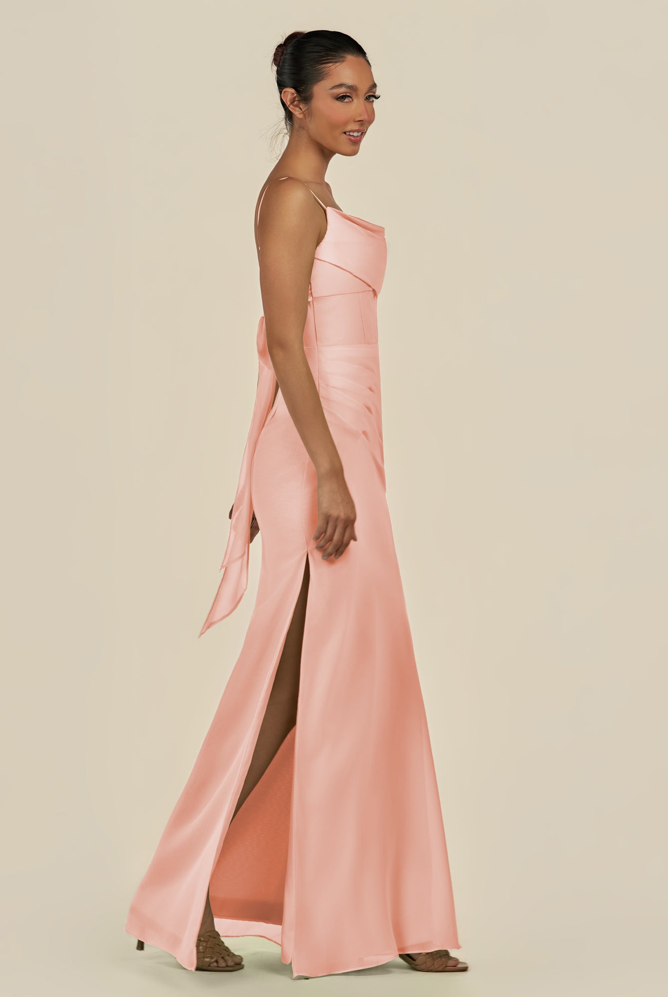 KissDress-Lumira Rose Petal Sheath Spaghetti Straps Chiffon Ruched Long Bridesmaid Dress