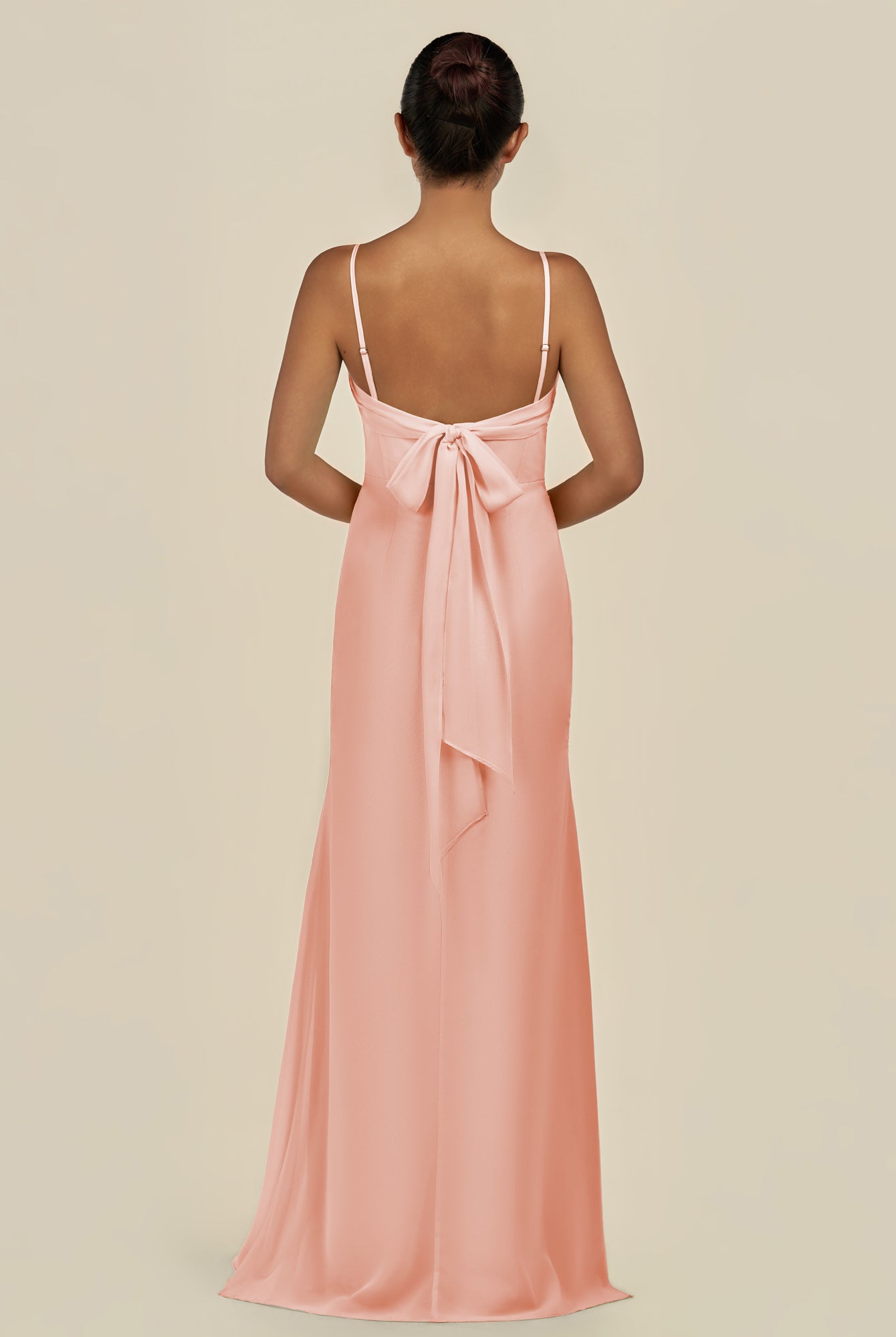 KissDress-Lumira Rose Petal Sheath Spaghetti Straps Chiffon Ruched Long Bridesmaid Dress