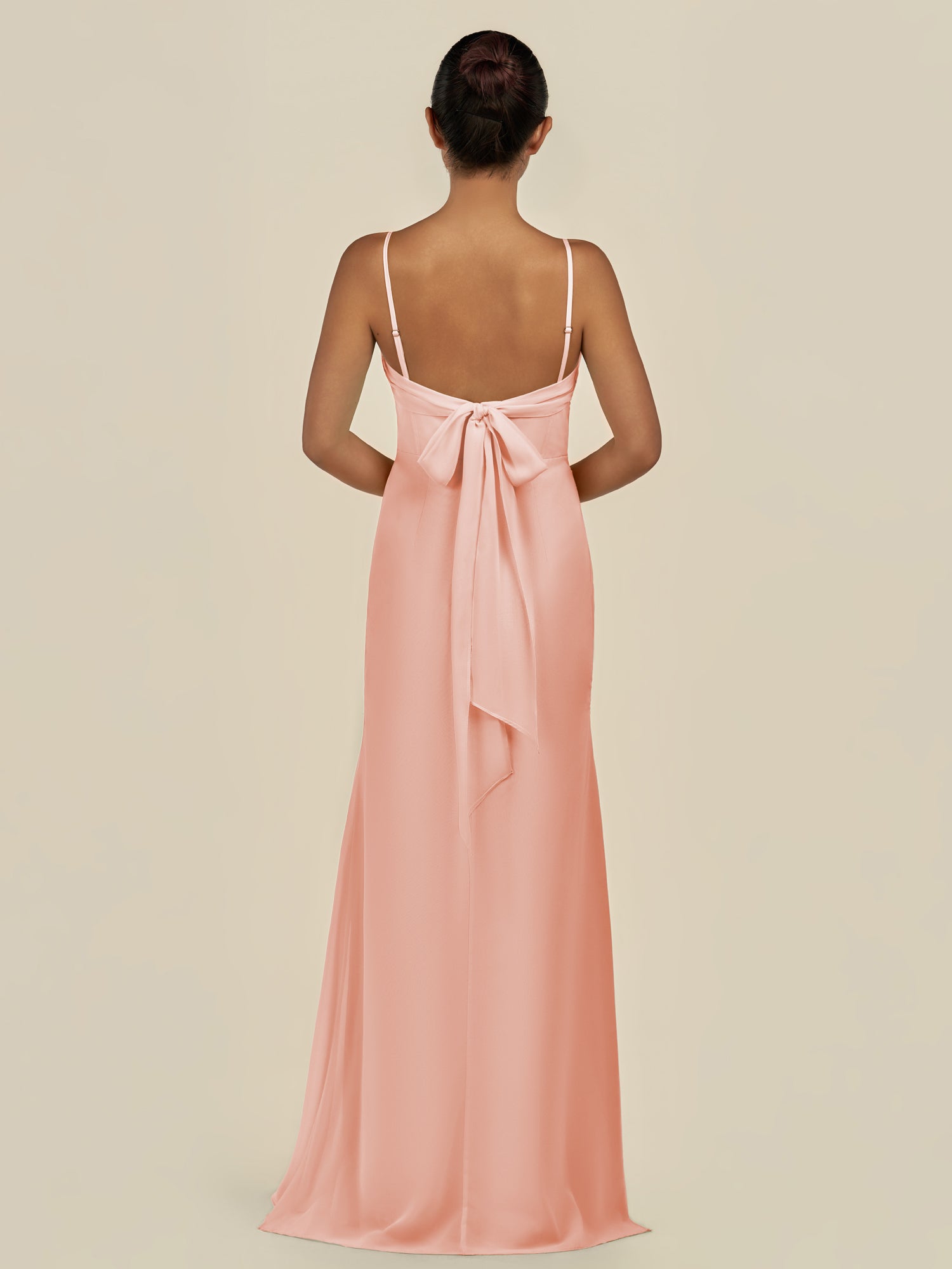 KissDress-Lumira Rose Petal Sheath Spaghetti Straps Chiffon Ruched Long Bridesmaid Dress