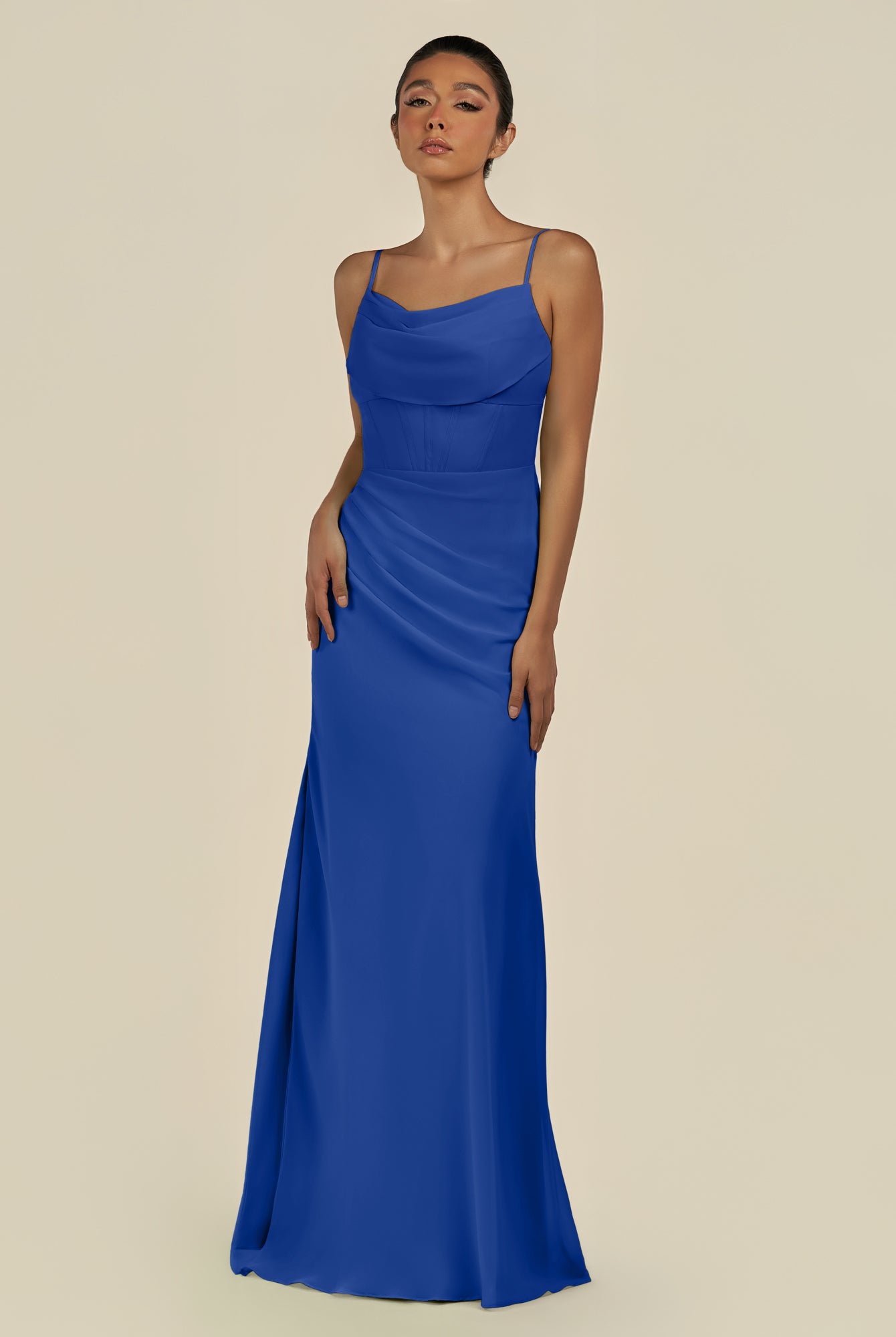 KissDress-Lumira Royal Blue Sheath Spaghetti Straps Chiffon Ruched Long Bridesmaid Dress
