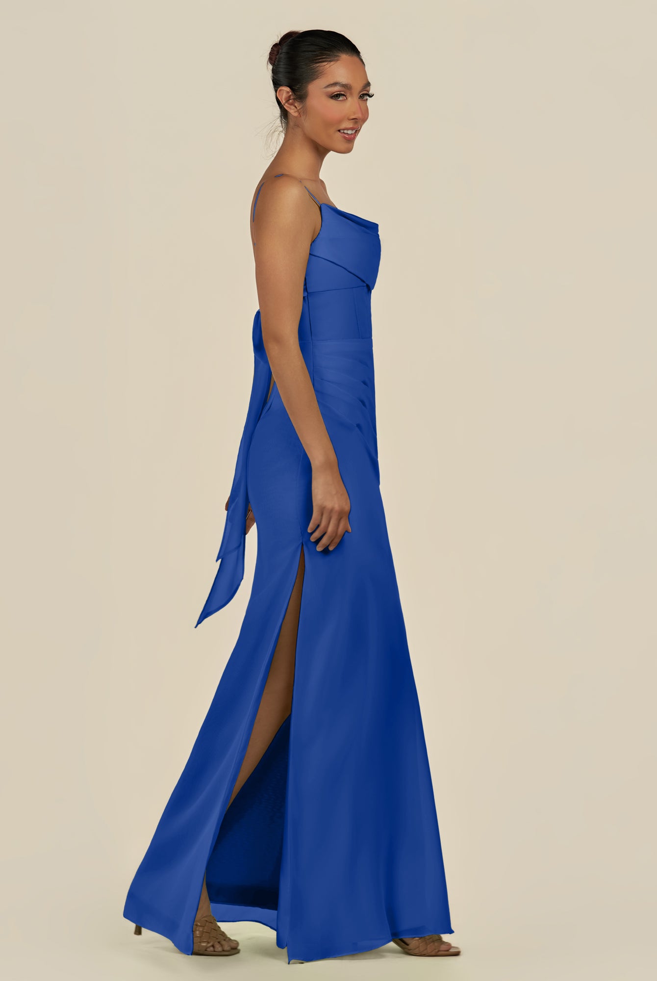 KissDress-Lumira Royal Blue Sheath Spaghetti Straps Chiffon Ruched Long Bridesmaid Dress