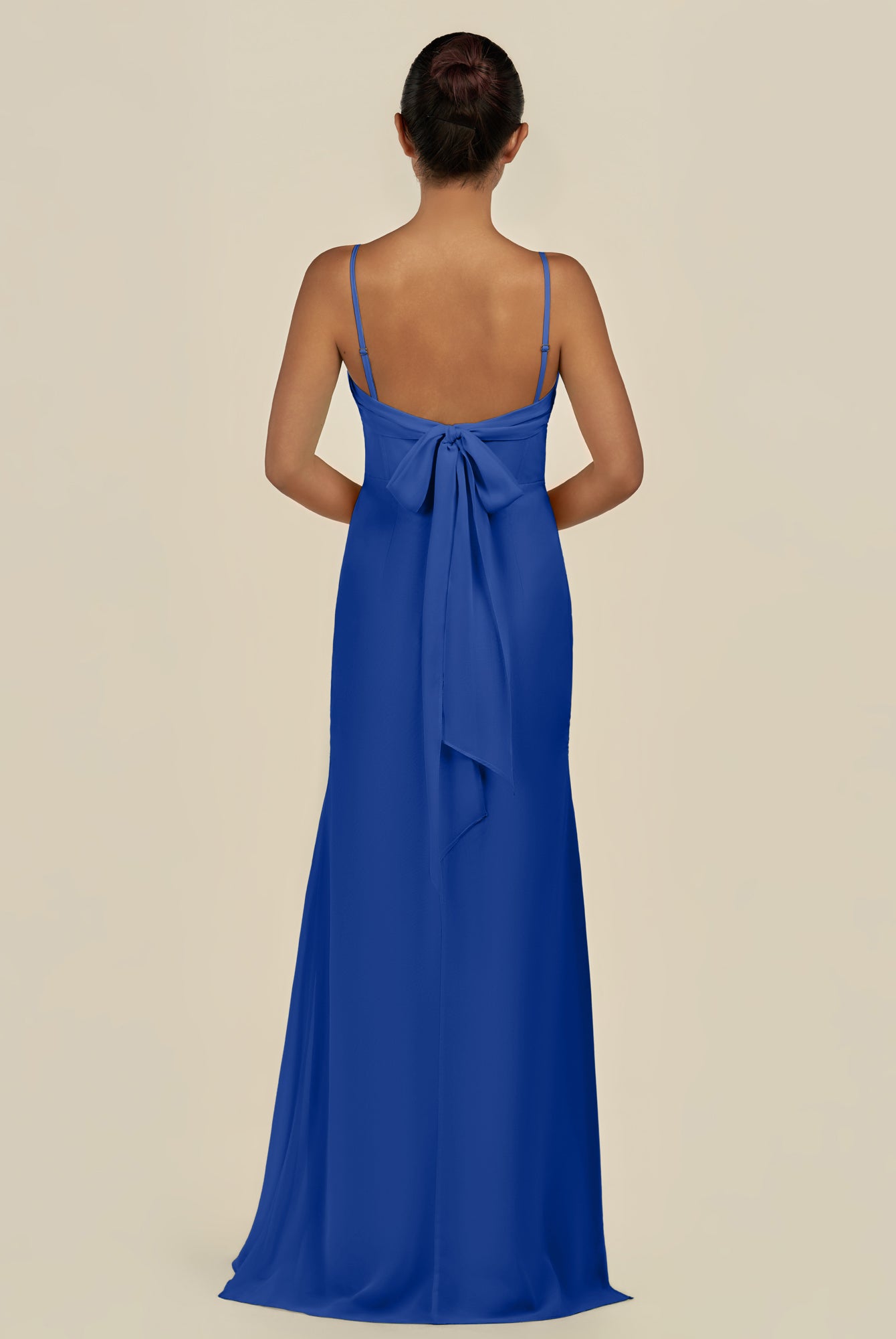 KissDress-Lumira Royal Blue Sheath Spaghetti Straps Chiffon Ruched Long Bridesmaid Dress
