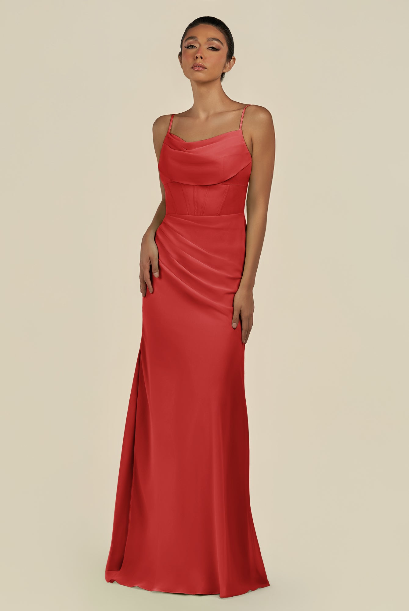 KissDress-Lumira Ruby Red Sheath Spaghetti Straps Chiffon Ruched Long Bridesmaid Dress