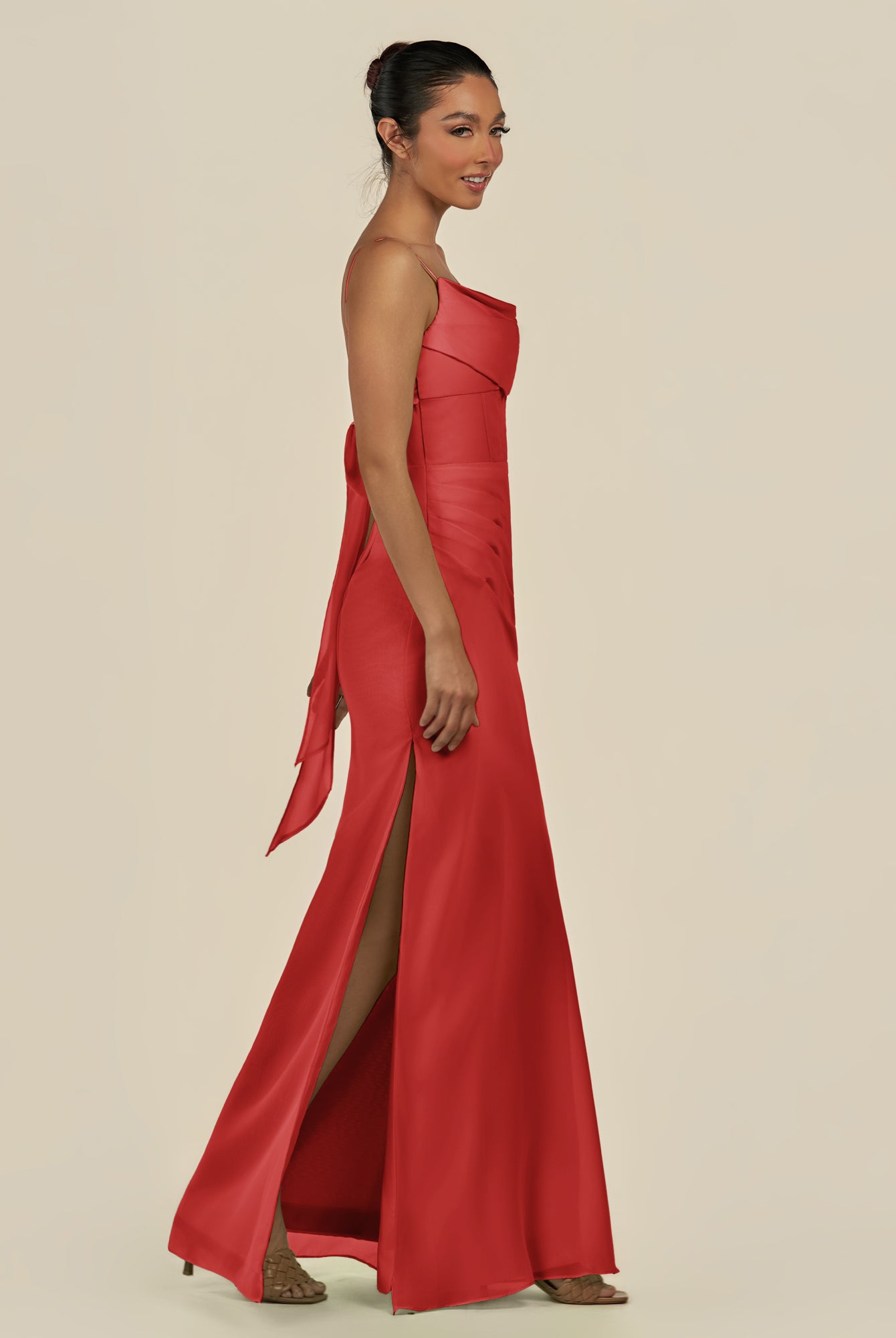KissDress-Lumira Ruby Red Sheath Spaghetti Straps Chiffon Ruched Long Bridesmaid Dress