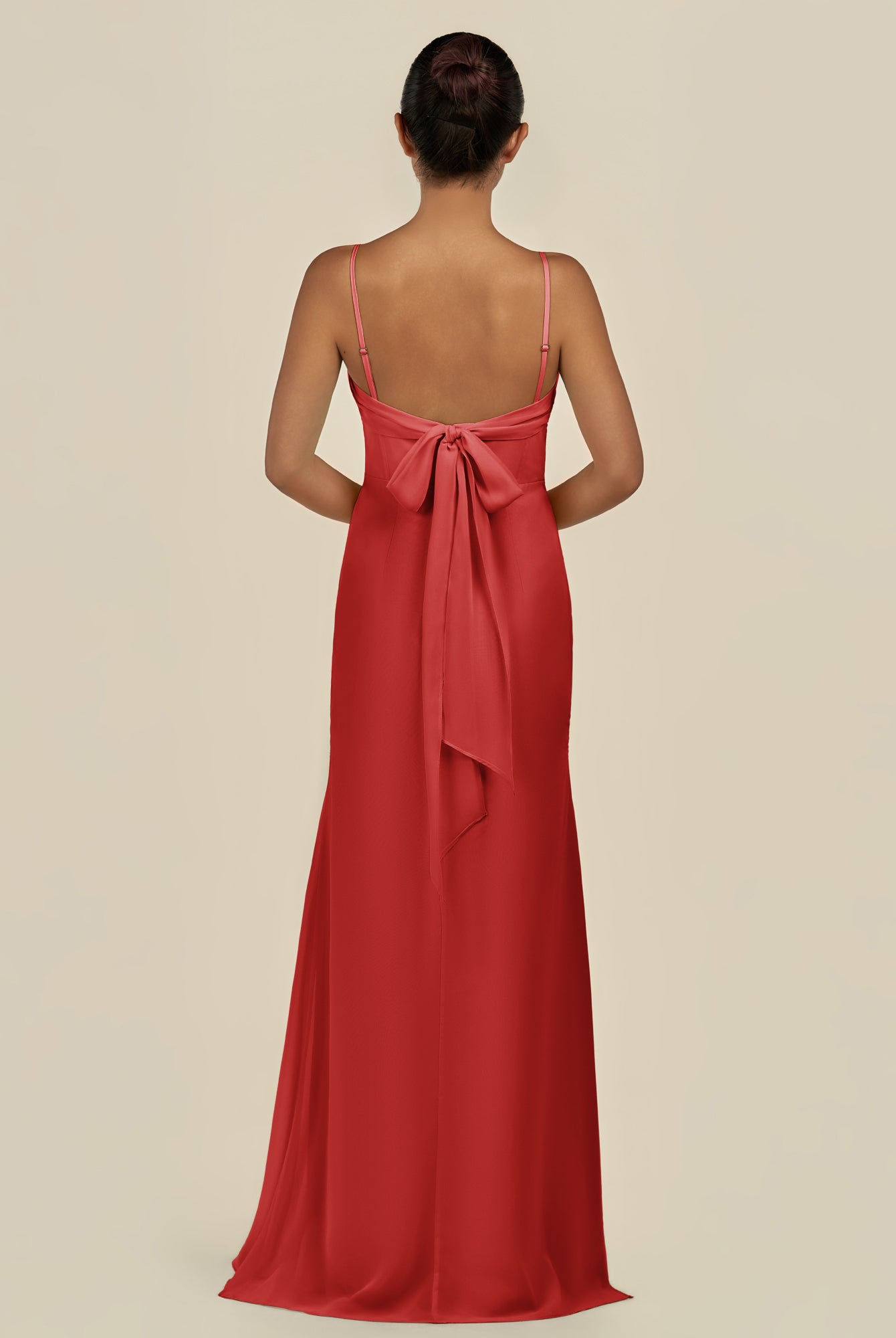 KissDress-Lumira Ruby Red Sheath Spaghetti Straps Chiffon Ruched Long Bridesmaid Dress