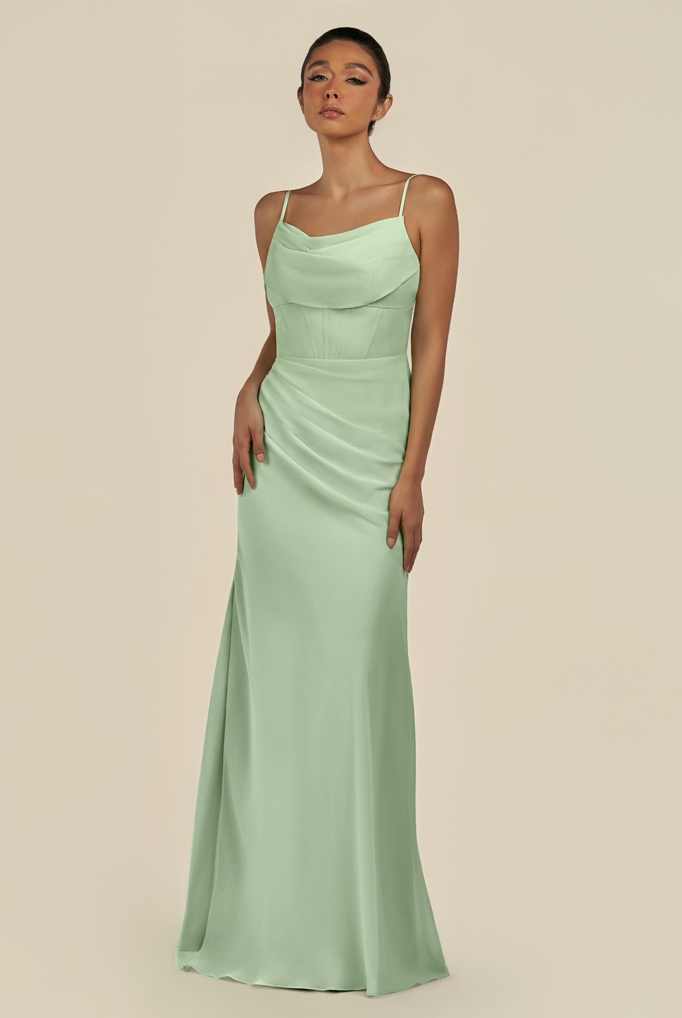 KissDress-Lumira Sage Sheath Spaghetti Straps Chiffon Ruched Long Bridesmaid Dress