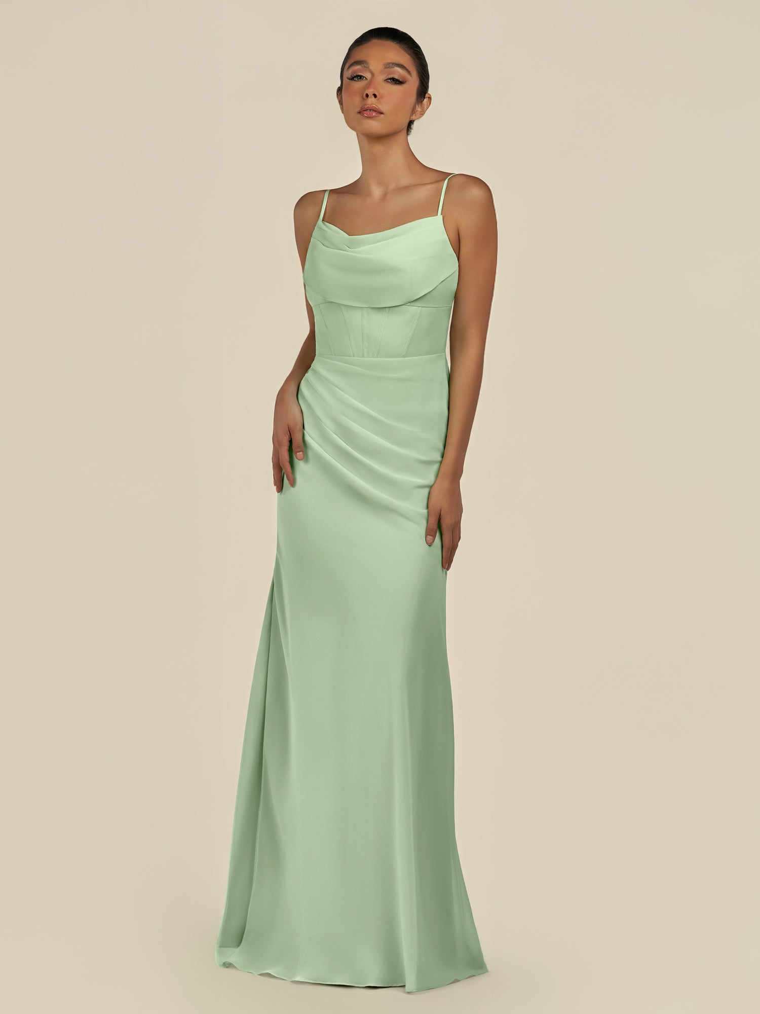 KissDress-Lumira Sage Sheath Spaghetti Straps Chiffon Ruched Long Bridesmaid Dress
