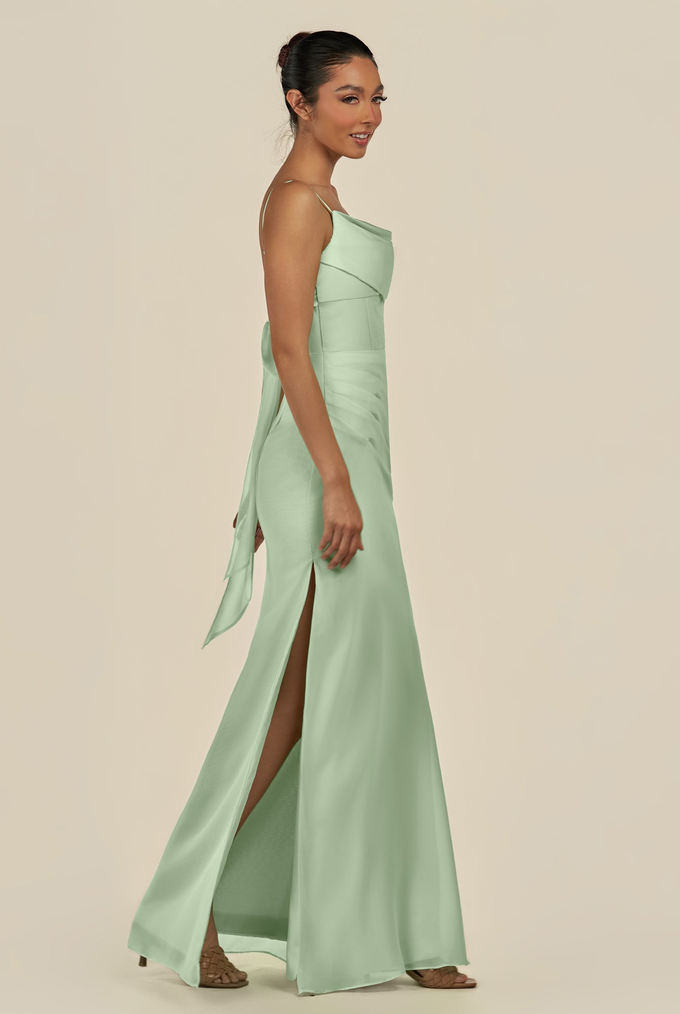 KissDress-Lumira Sage Sheath Spaghetti Straps Chiffon Ruched Long Bridesmaid Dress