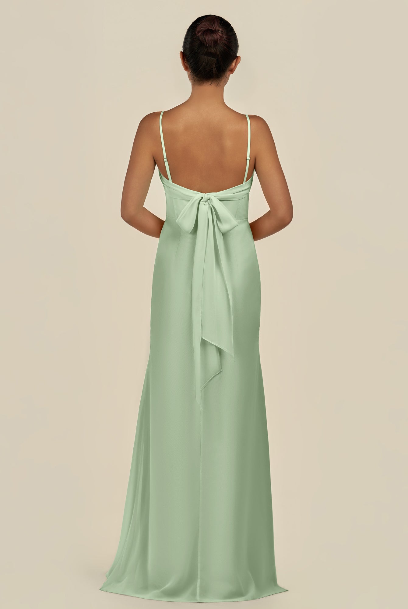 KissDress-Lumira Sage Sheath Spaghetti Straps Chiffon Ruched Long Bridesmaid Dress