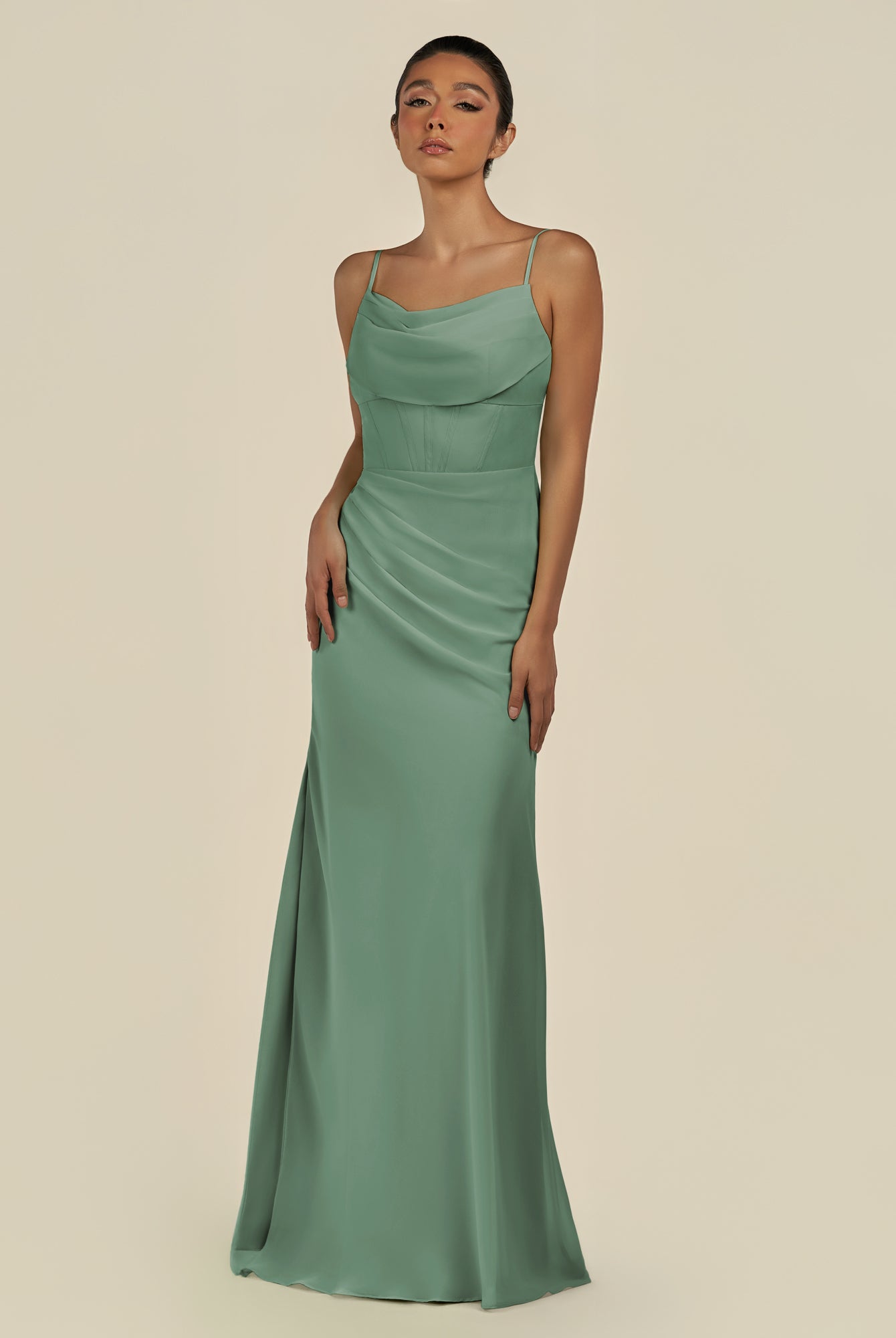KissDress-Lumira Sea Glass Sheath Spaghetti Straps Chiffon Ruched Long Bridesmaid Dress