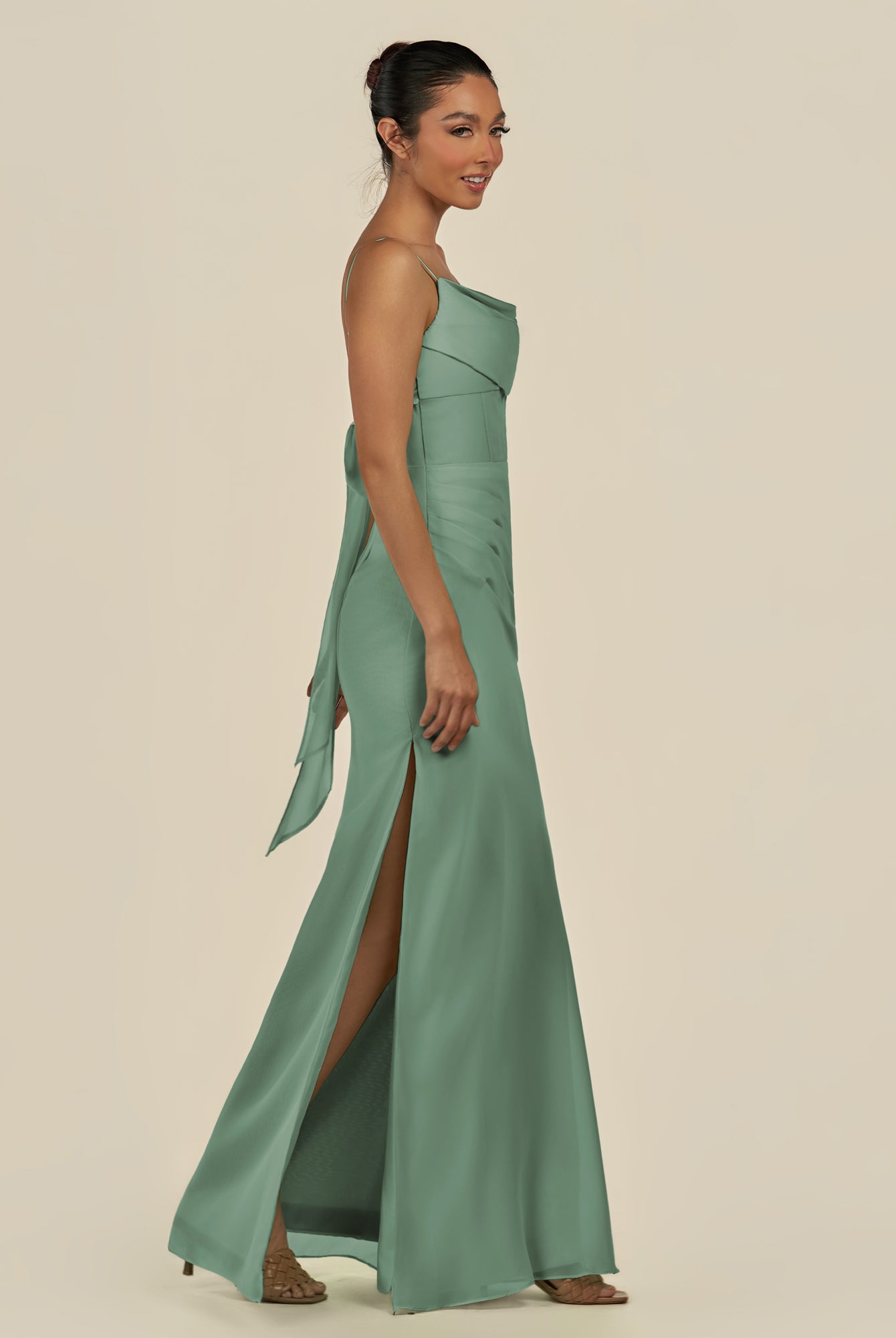 KissDress-Lumira Sea Glass Sheath Spaghetti Straps Chiffon Ruched Long Bridesmaid Dress