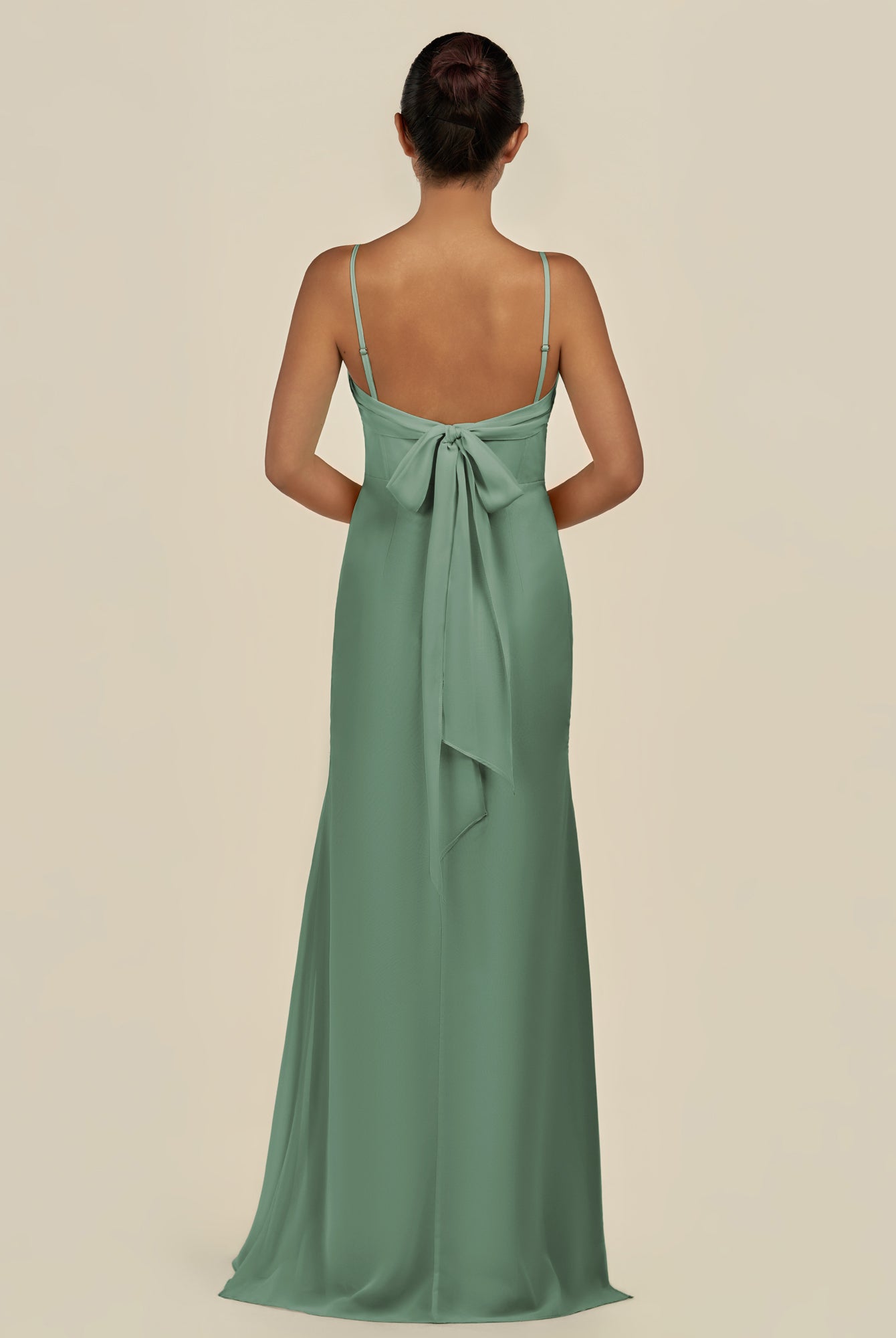 KissDress-Lumira Sea Glass Sheath Spaghetti Straps Chiffon Ruched Long Bridesmaid Dress