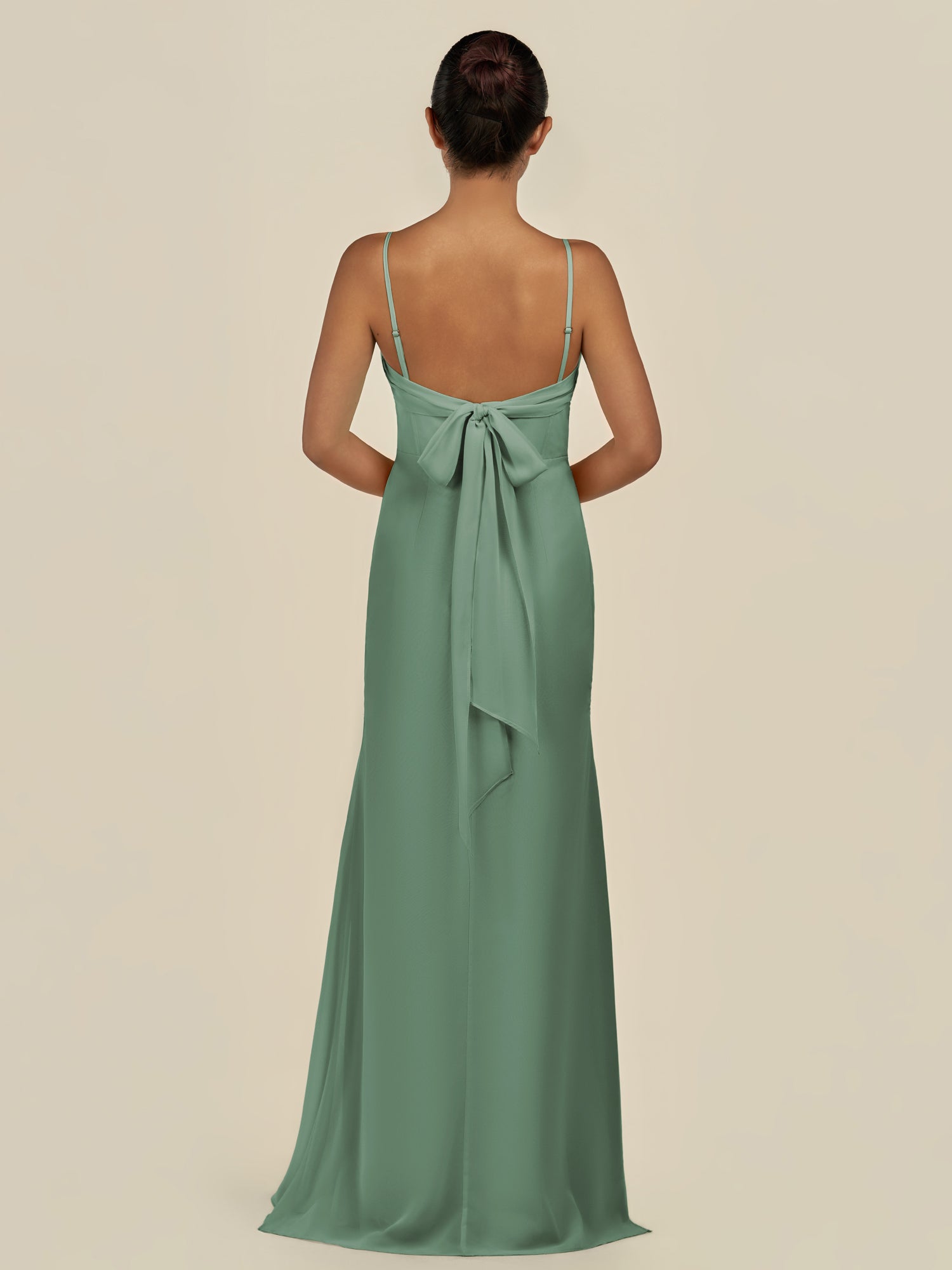 KissDress-Lumira Sea Glass Sheath Spaghetti Straps Chiffon Ruched Long Bridesmaid Dress
