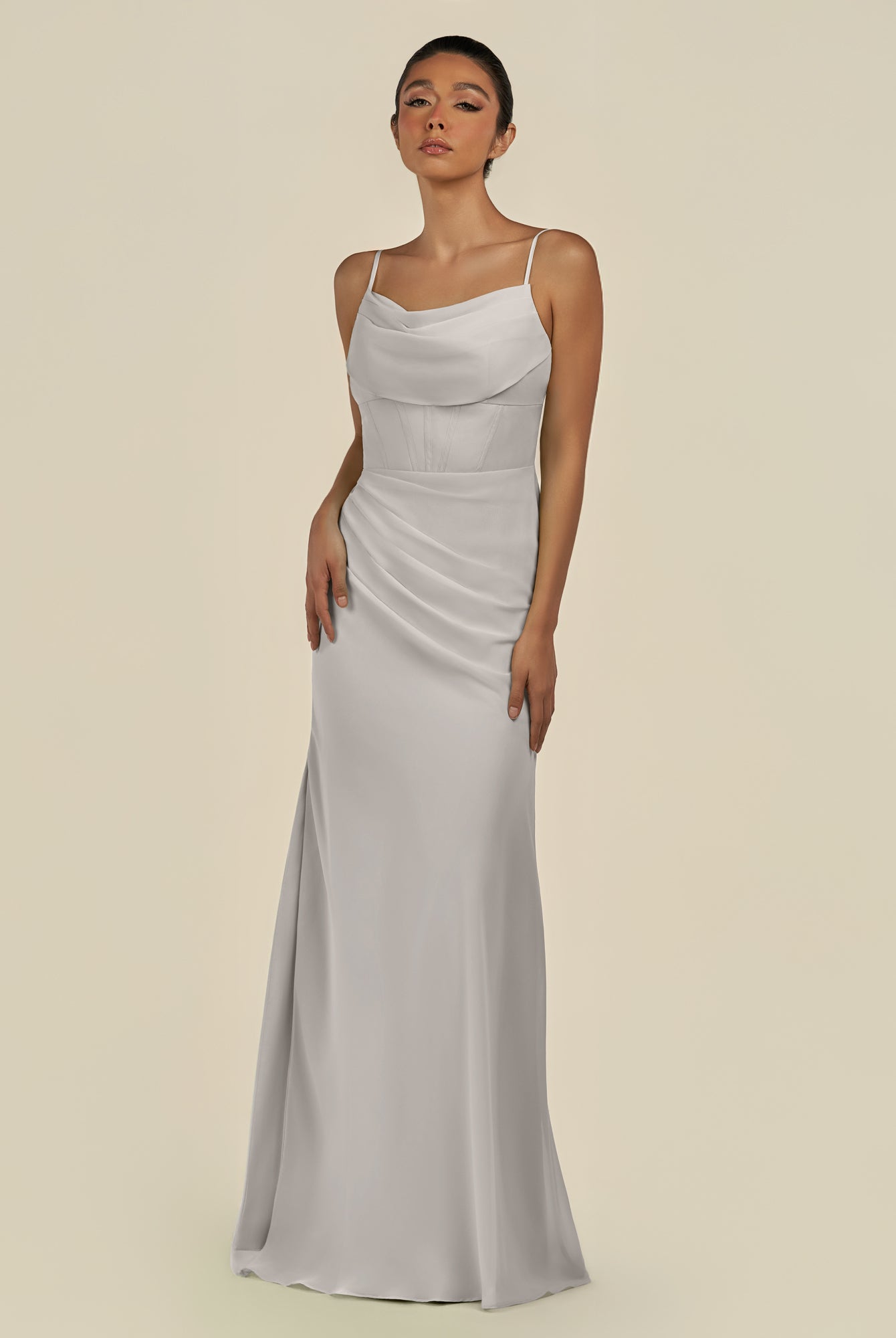 KissDress-Lumira Silver Sheath Spaghetti Straps Chiffon Ruched Long Bridesmaid Dress
