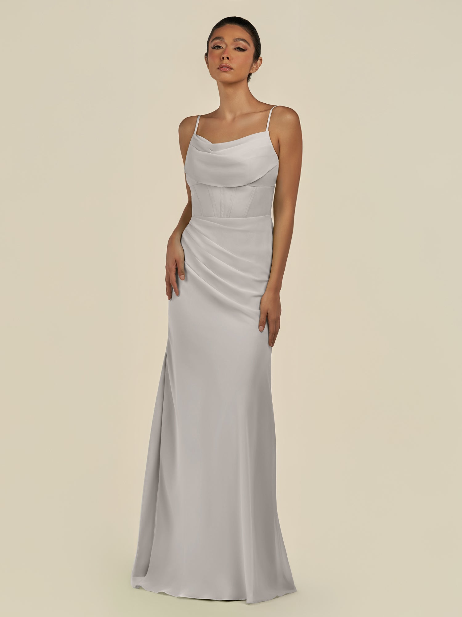 KissDress-Lumira Silver Sheath Spaghetti Straps Chiffon Ruched Long Bridesmaid Dress