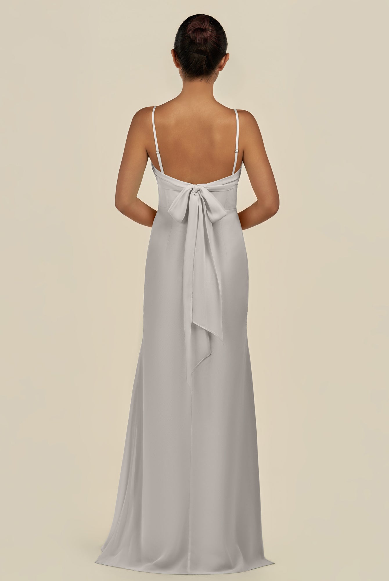 KissDress-Lumira Silver Sheath Spaghetti Straps Chiffon Ruched Long Bridesmaid Dress
