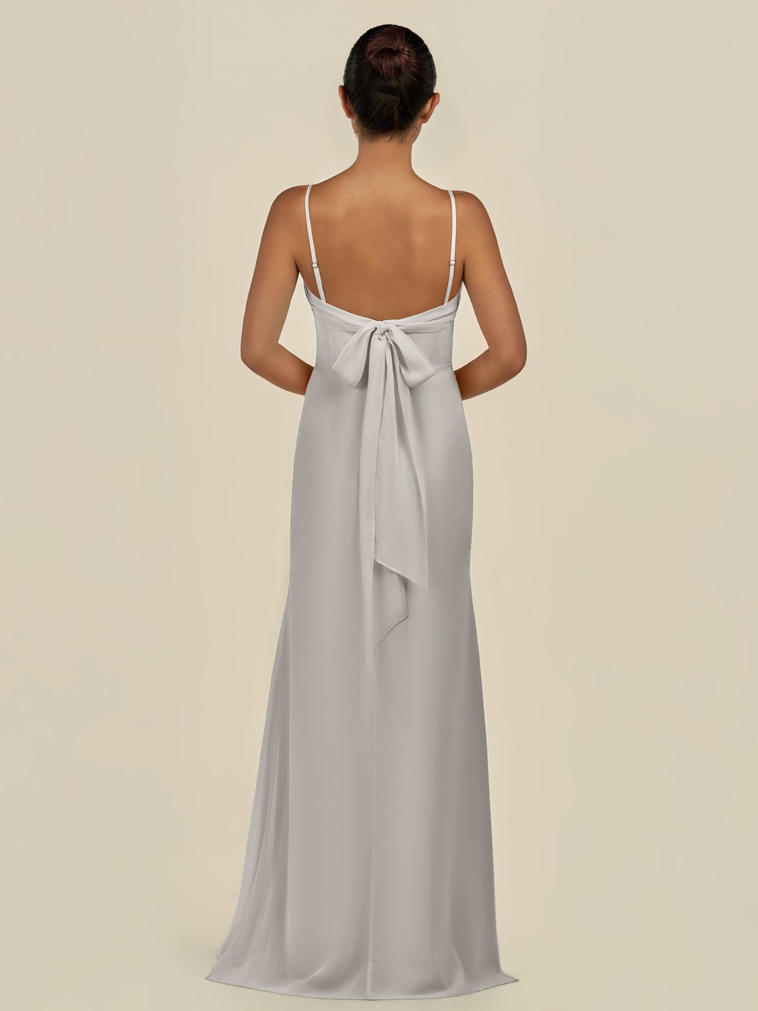 KissDress-Lumira Silver Sheath Spaghetti Straps Chiffon Ruched Long Bridesmaid Dress