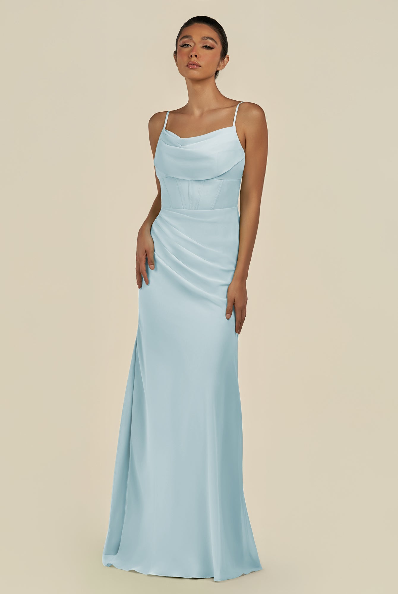 KissDress-Lumira Sky Blue Sheath Spaghetti Straps Chiffon Ruched Long Bridesmaid Dress