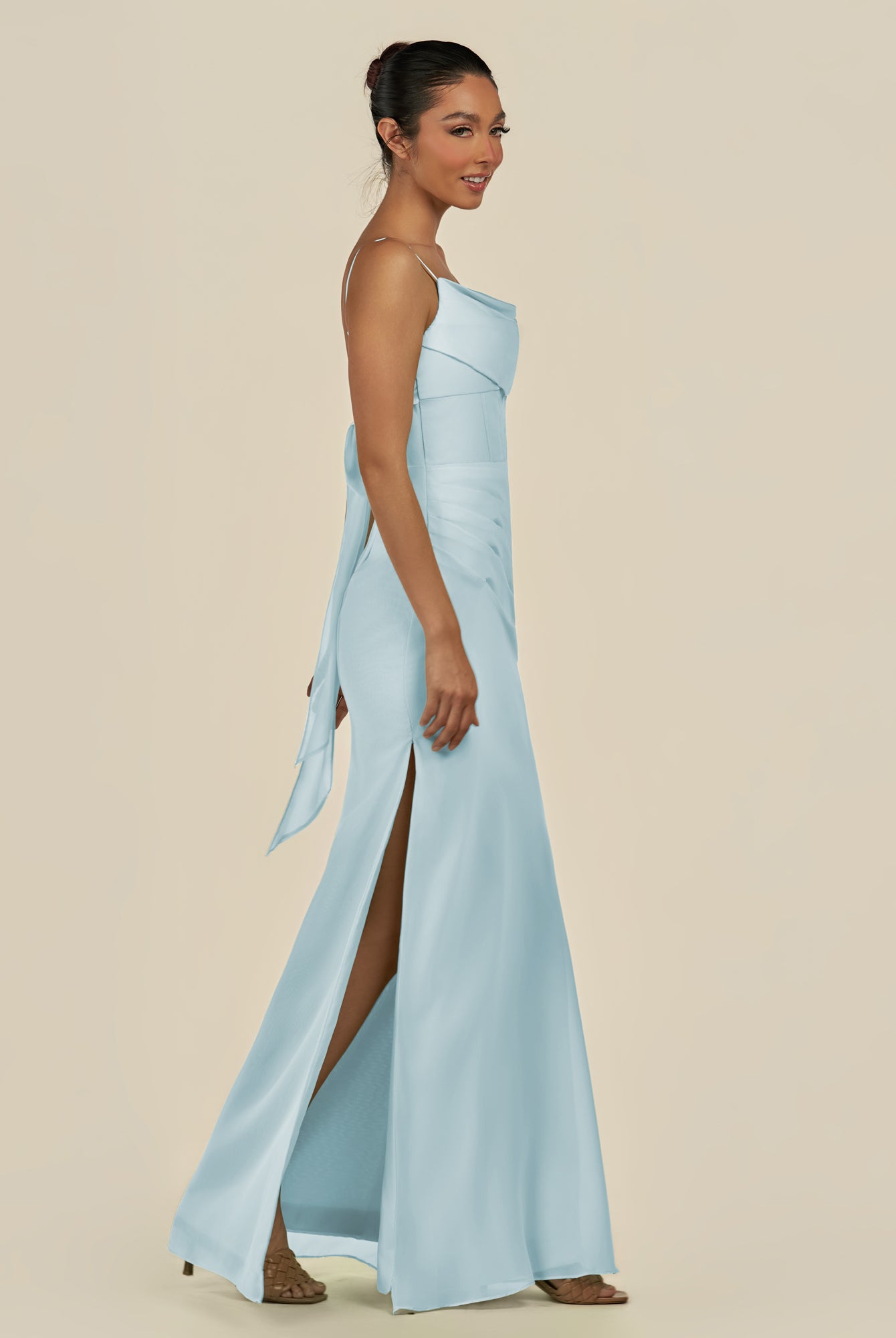 KissDress-Lumira Sky Blue Sheath Spaghetti Straps Chiffon Ruched Long Bridesmaid Dress