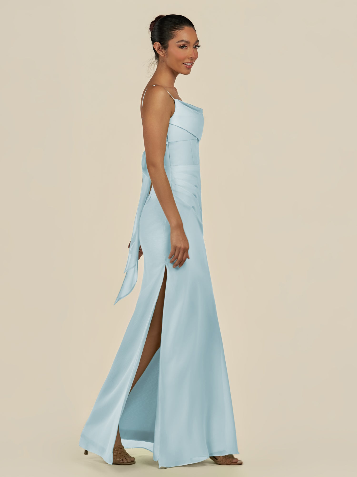 KissDress-Lumira Sky Blue Sheath Spaghetti Straps Chiffon Ruched Long Bridesmaid Dress