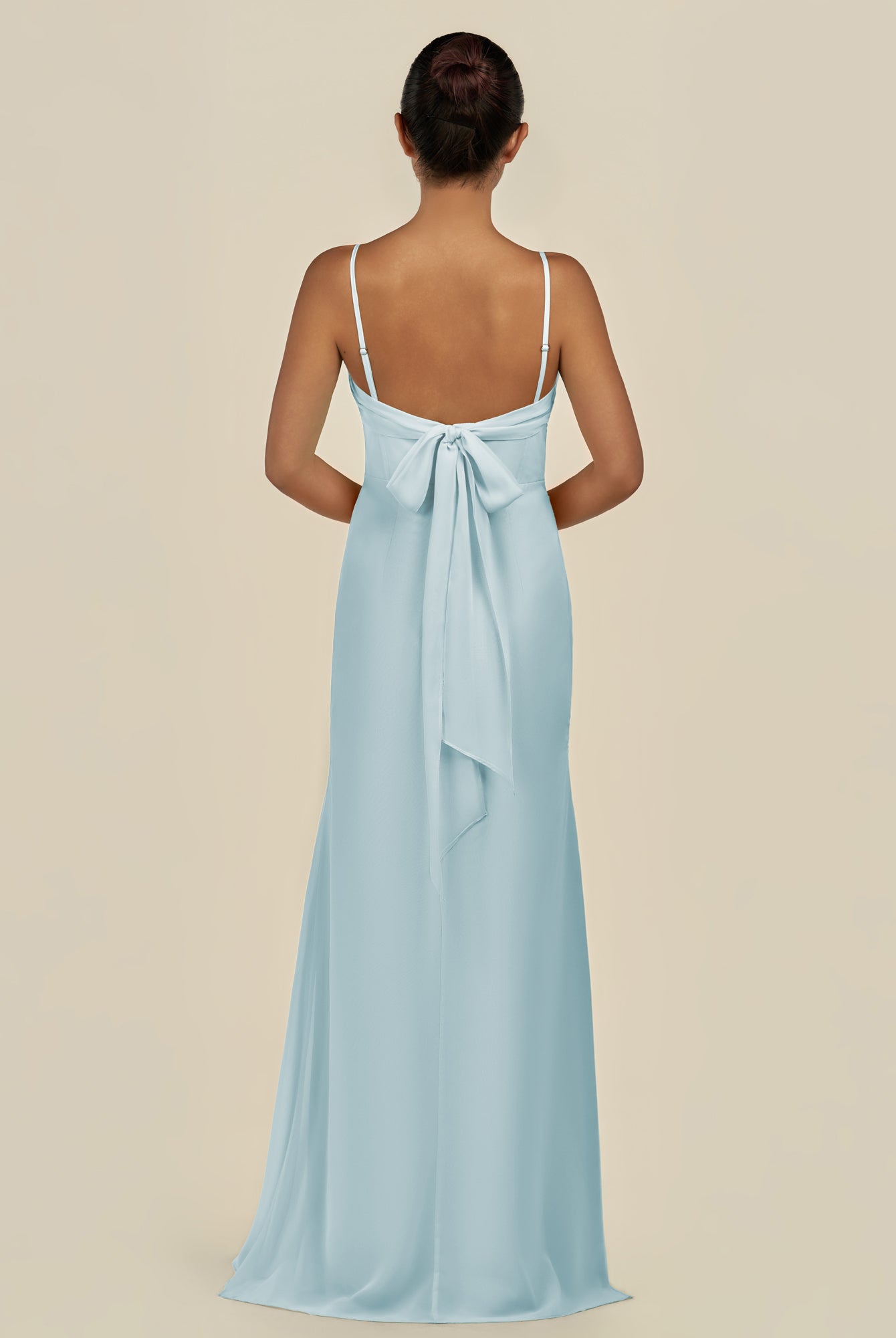 KissDress-Lumira Sky Blue Sheath Spaghetti Straps Chiffon Ruched Long Bridesmaid Dress