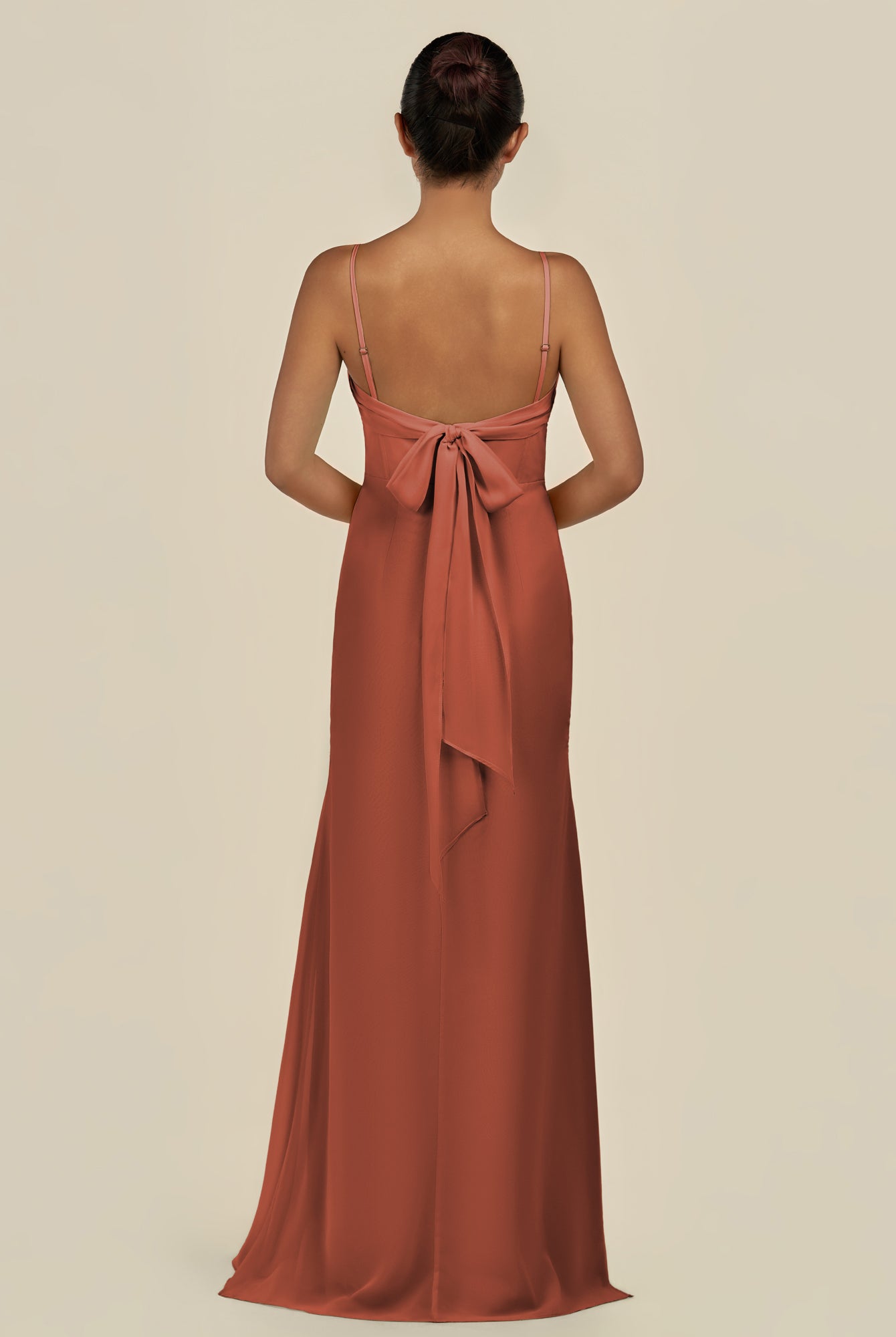 KissDress-Lumira Spice Sheath Spaghetti Straps Chiffon Ruched Long Bridesmaid Dress