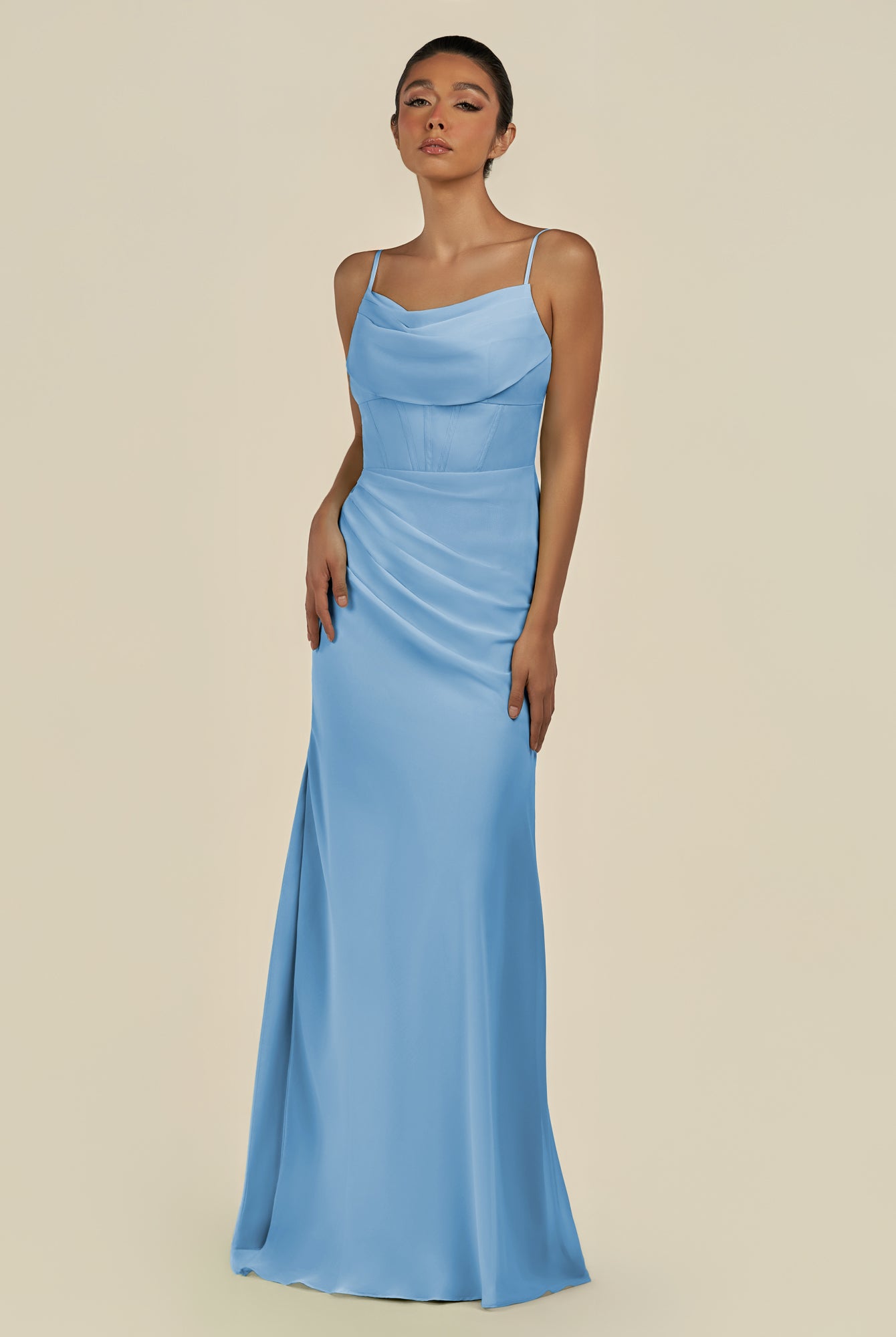 KissDress-Lumira Steel Blue Sheath Spaghetti Straps Chiffon Ruched Long Bridesmaid Dress